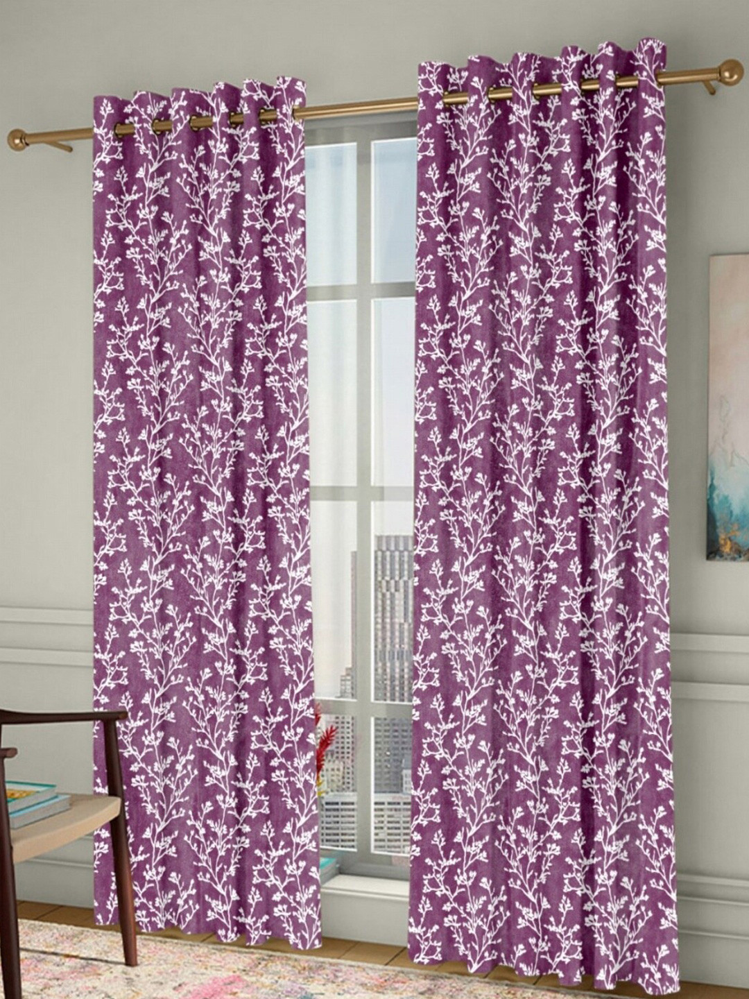Homefab India Chinar Lavender & White 2 Pieces Floral Door Curtains