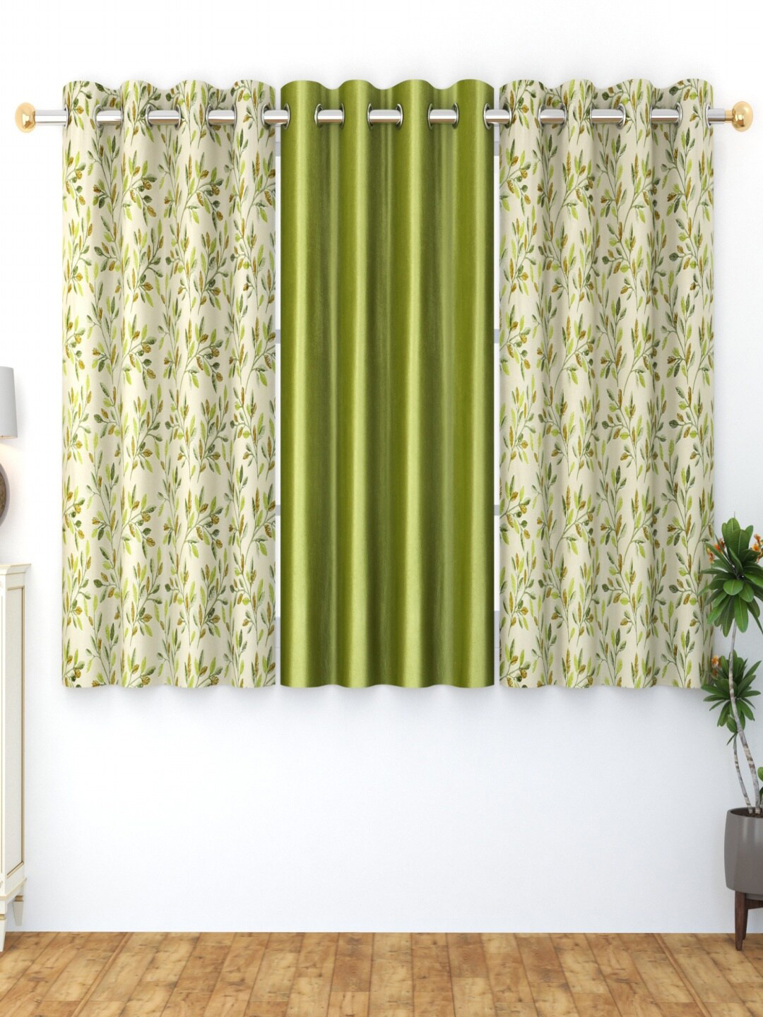 Homefab India Ferncombo Green & White 3 Pieces Floral Window Curtains