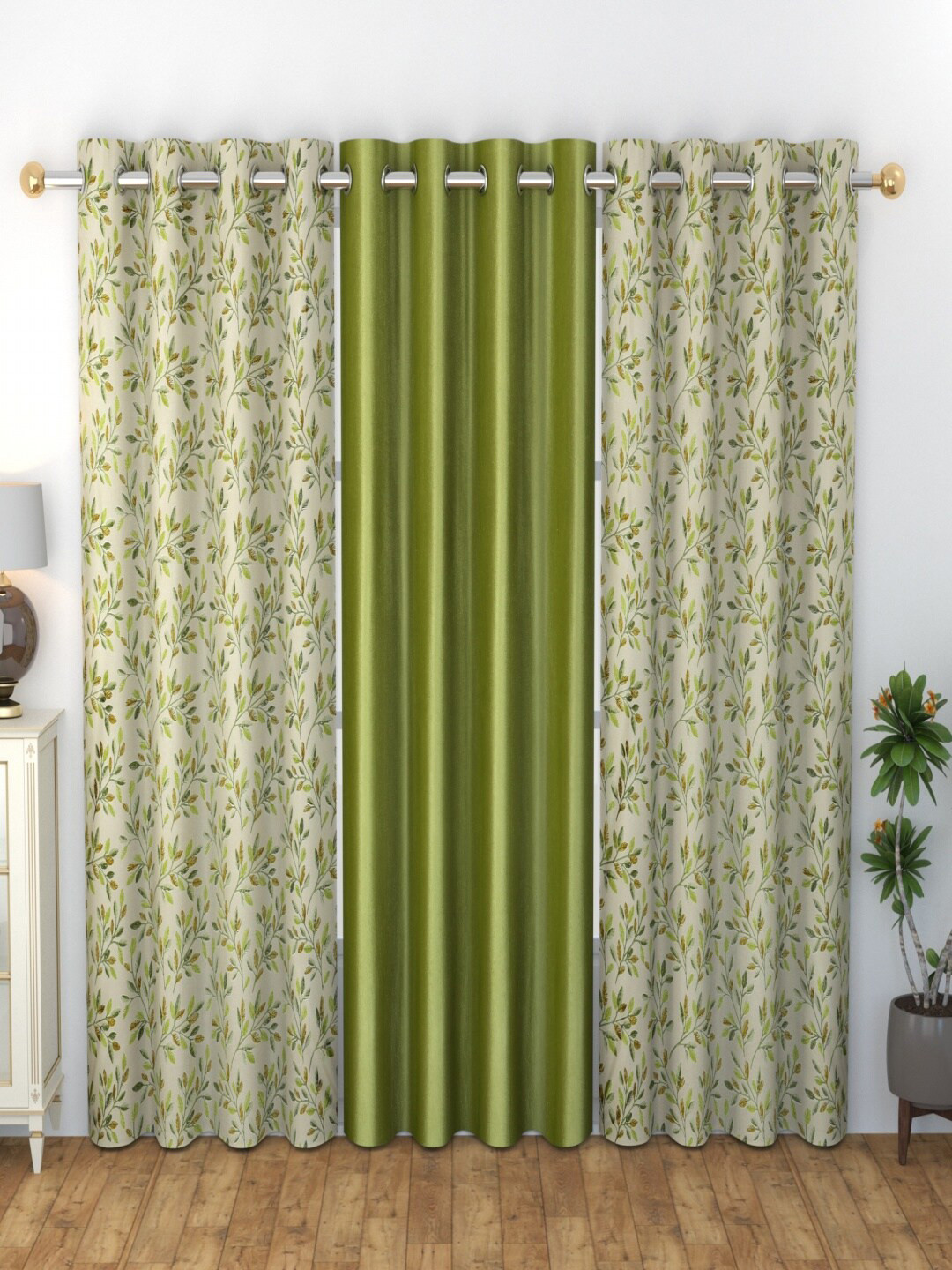 Homefab India Ferncombo Green & Beige Set of 3 Floral Long Door Curtains