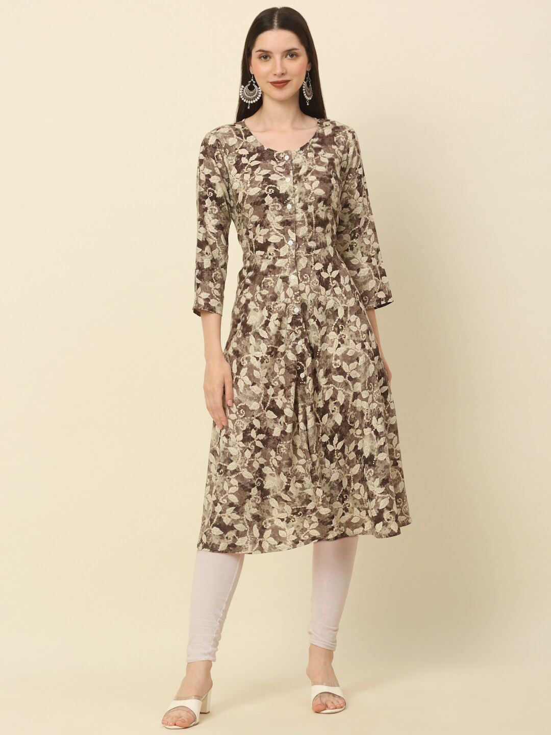 Anouk Brown & Beige Floral Printed Round Neck A-Line Kurta