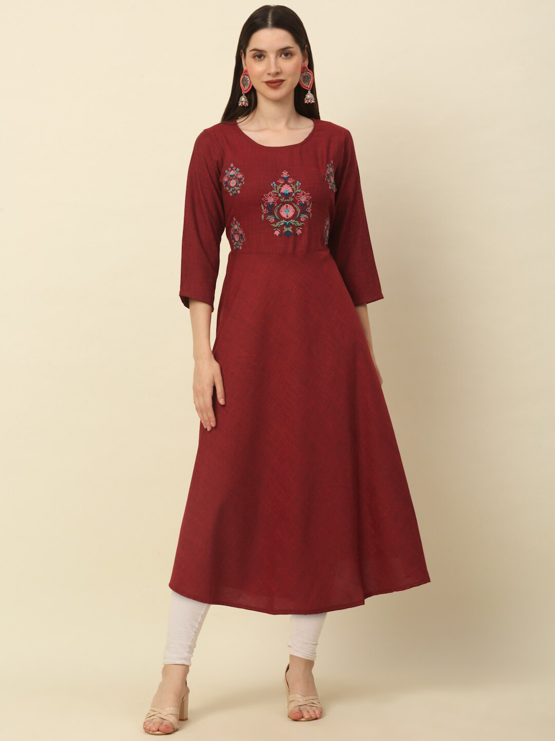 Anouk Maroon Round Neck Thread Work Detailed A-Line Kurta