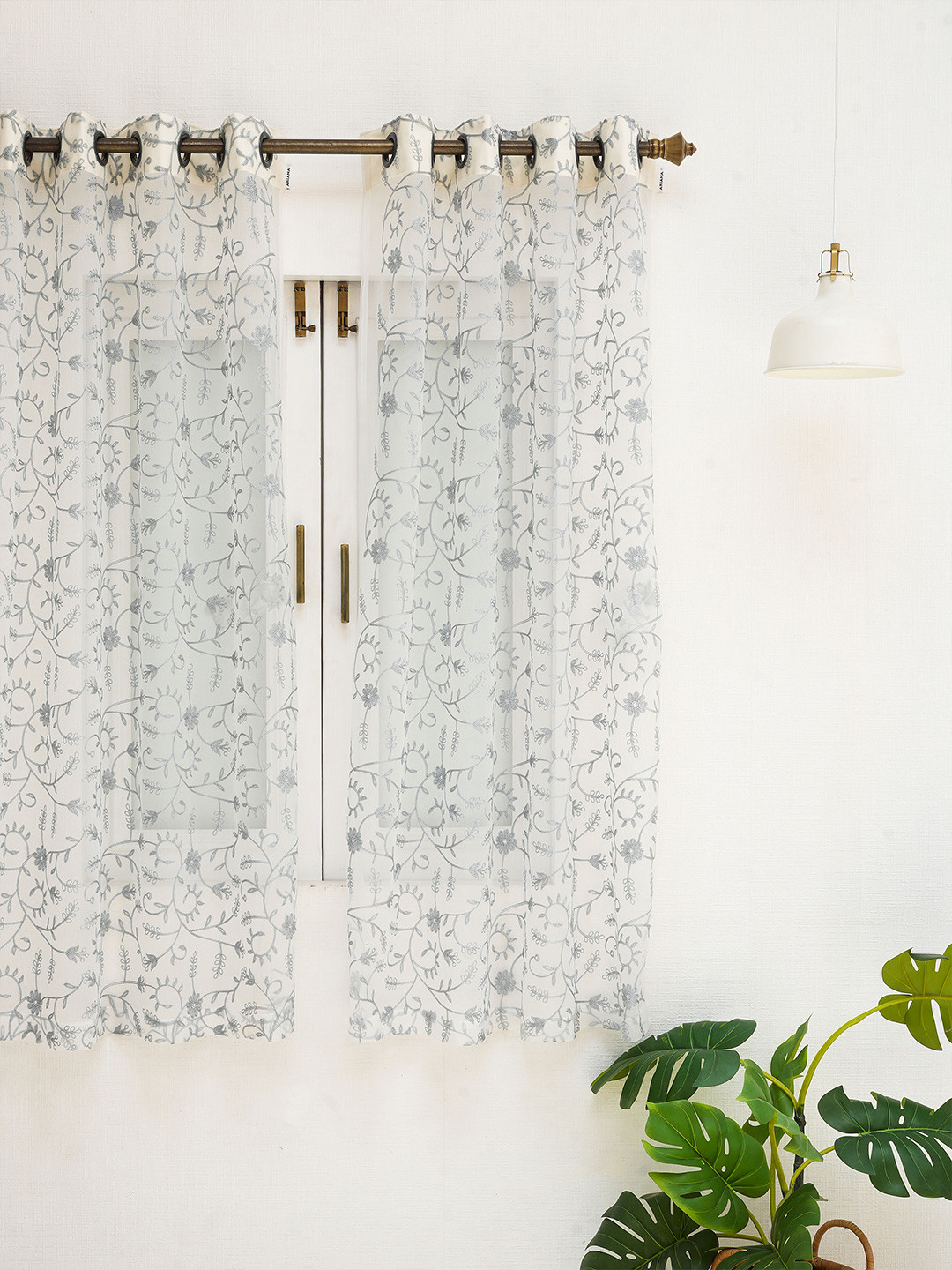 Ariana White & Grey Floral Embroidered Linen Sheer Window Curtain