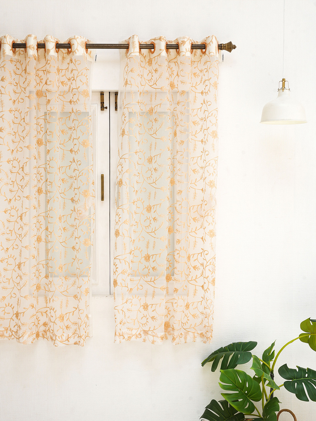 Ariana White & Gold-Toned Floral Embroidered Linen Sheer Window Curtain