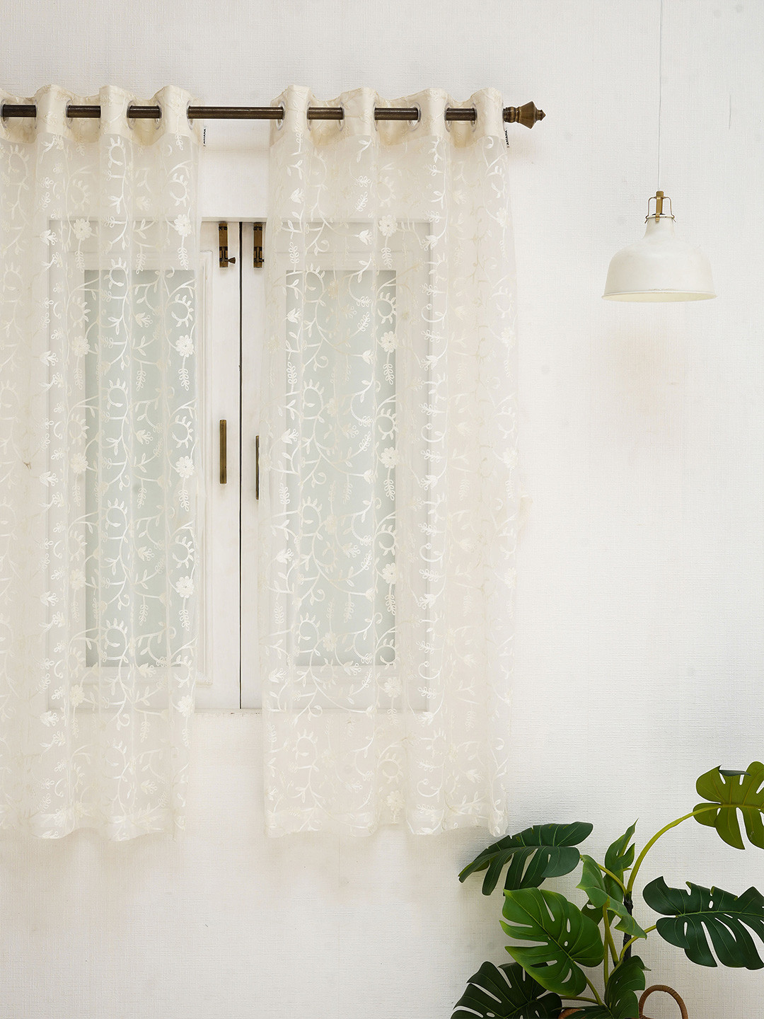 Ariana White & Off White Floral Linen Sheer Window Curtain