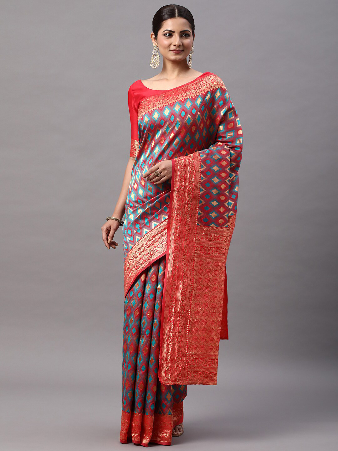 Mitera Red & Blue Ethnic Motifs Woven Design Zari Silk Blended Kanjeevaram Saree