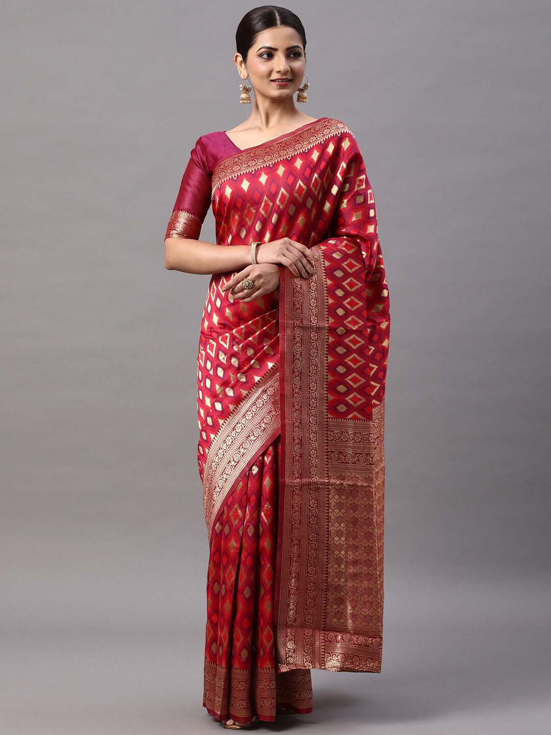 Mitera Yellow & Orange Geometric Woven Design Zari Silk Blend Kanjeevaram Saree