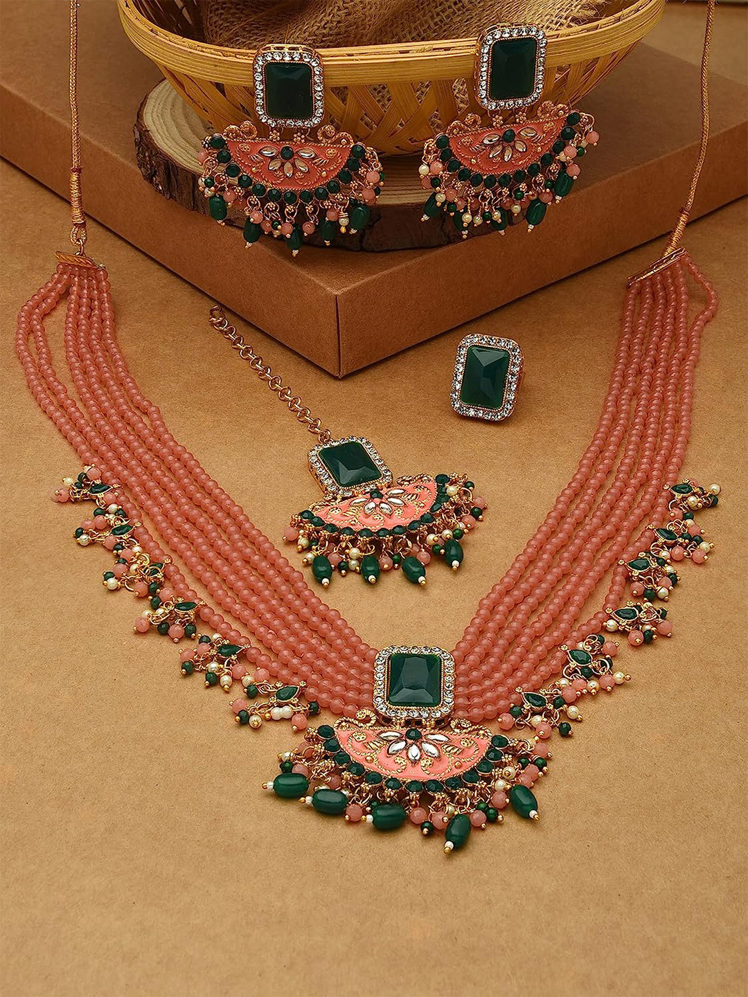 Anouk Gold-Plated Bridal Necklace & Earrings With Maang Tika