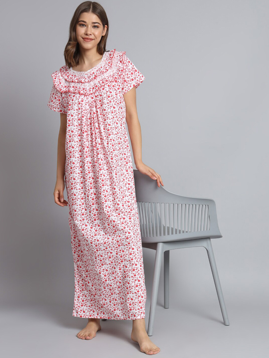 SEPHANI Floral Printed V-Neck Pure Cotton Night Maxi Dress