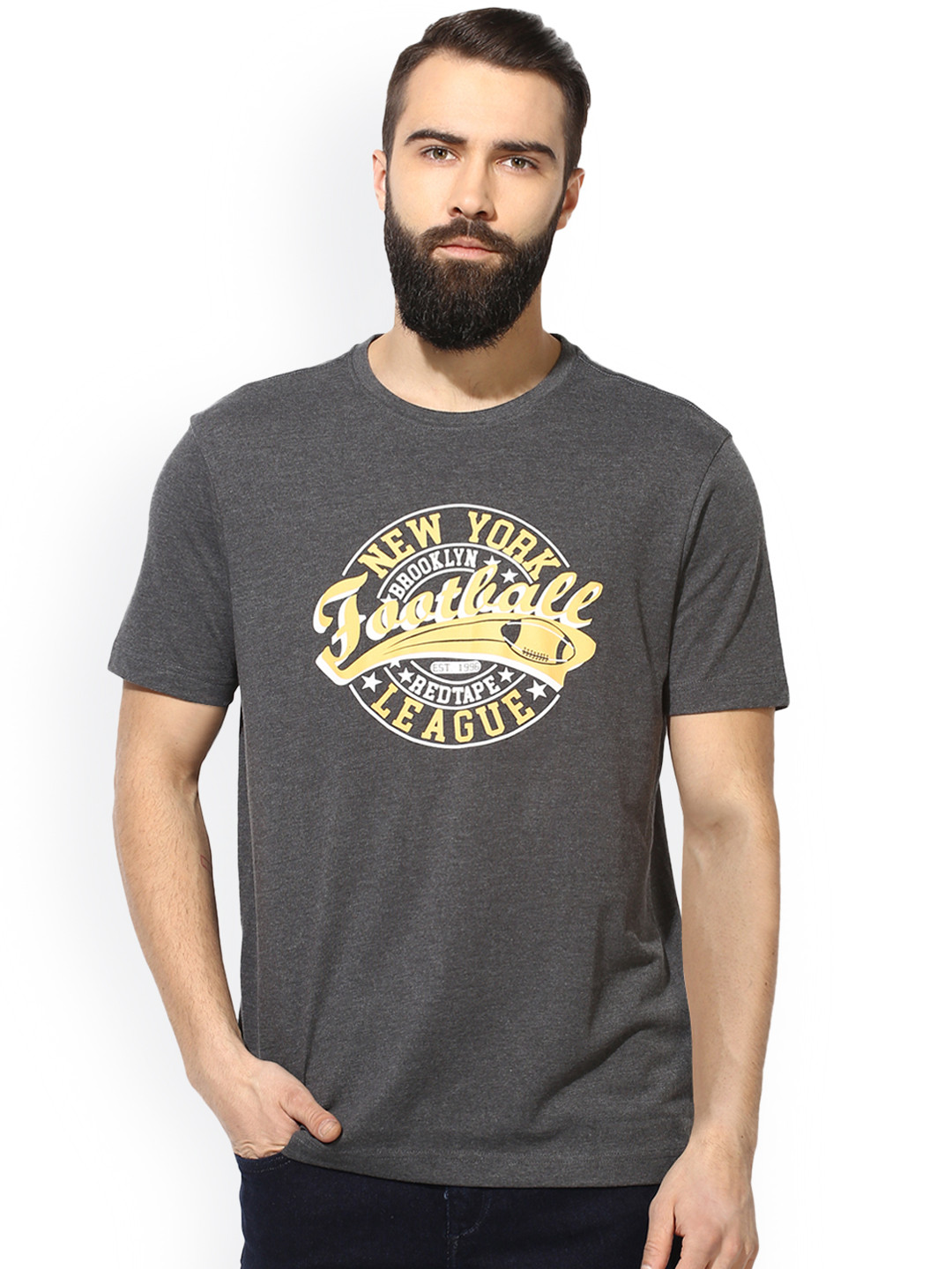 Red Tape Men Charcoal Grey Printed Round Neck T-shirt