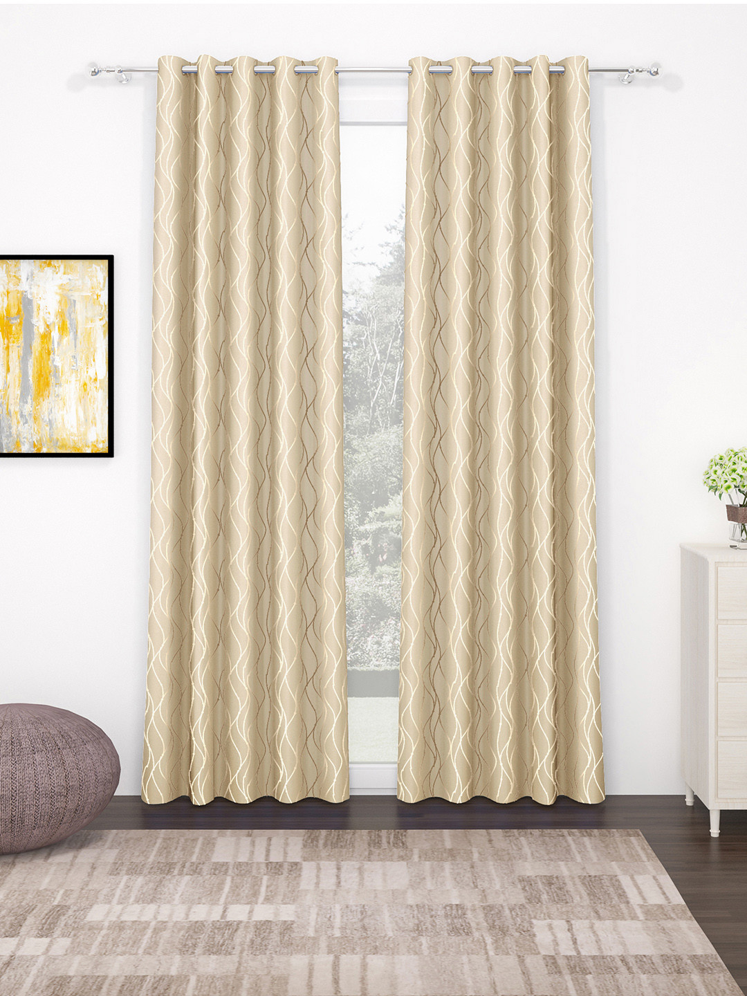 Story@home Beige & White Geometric Black Out Door Curtain