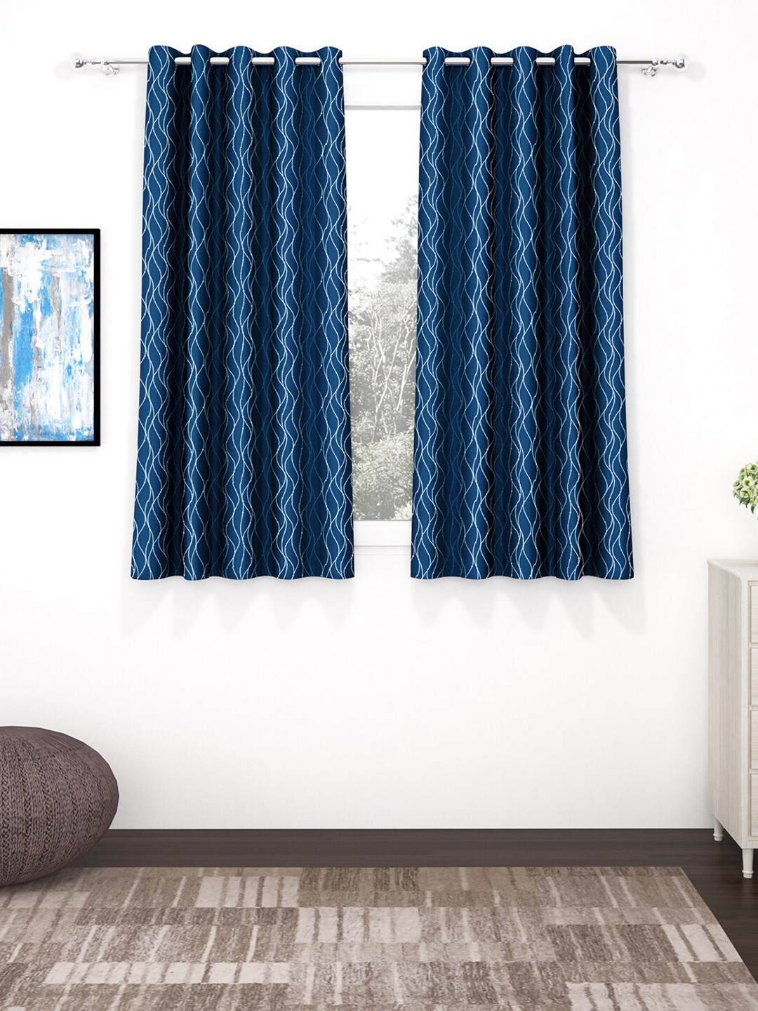 Story@home Blue & Silver-Toned Geometric Black Out Window Curtain