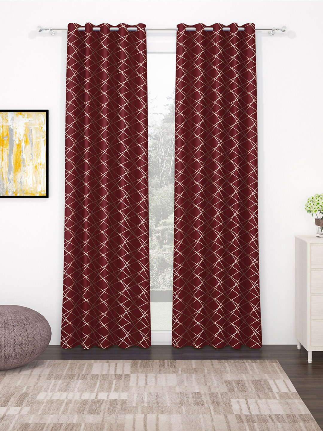 Story@home Maroon & Off White 2 Pieces Black Out Long Door Curtains