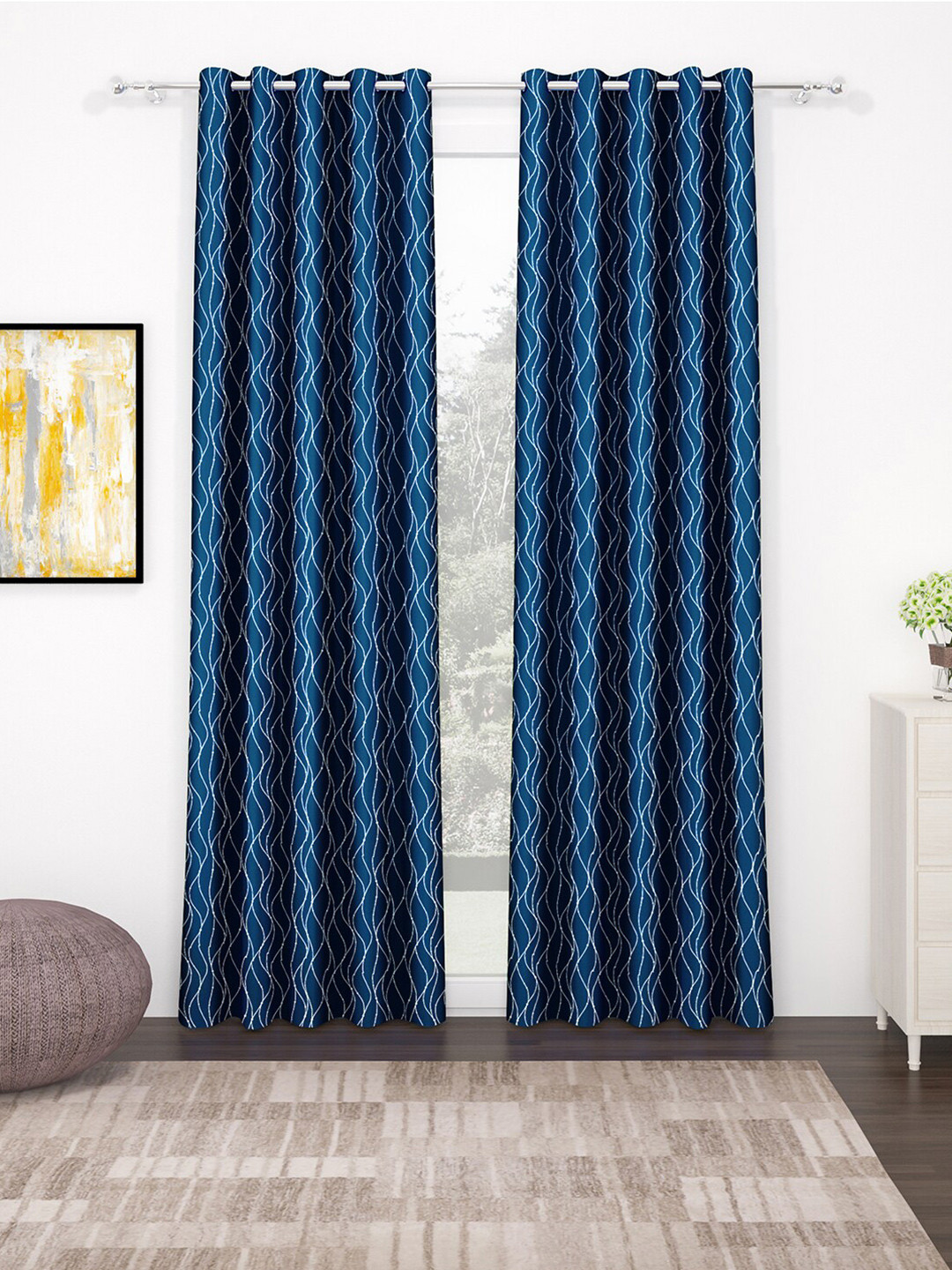 Story@home 2 Pcs Blue & White Geometric Black Out Door Curtain