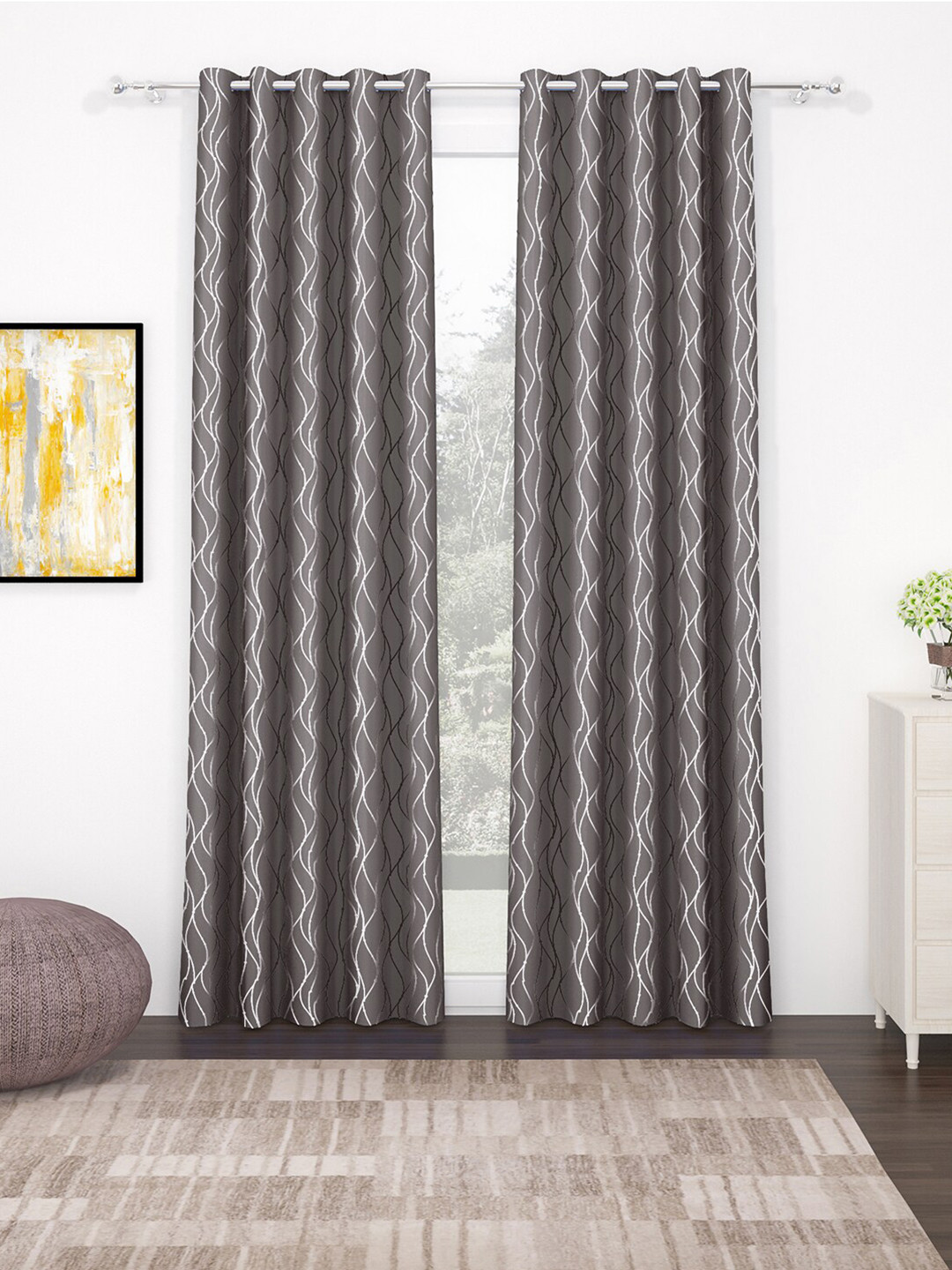 Story@home Grey & White Geometric Black Out Long Door Curtain