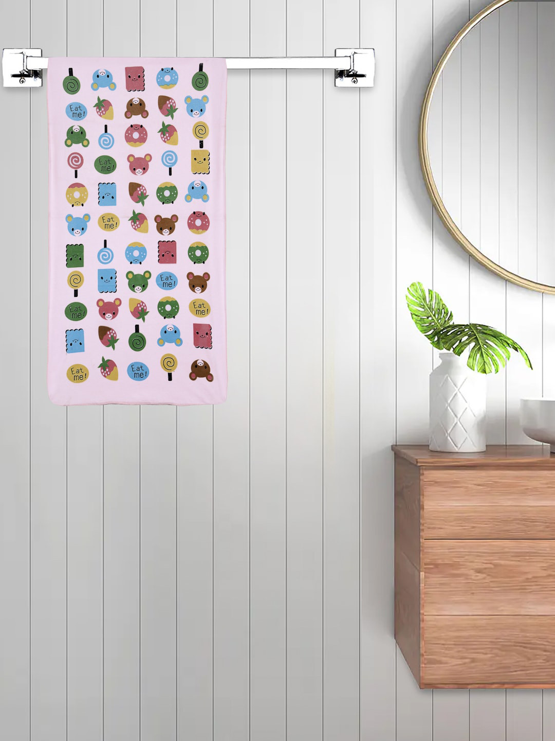 FABINALIV Pink Cartoon Printed 420 GSM Cotton Kids Bath Towel