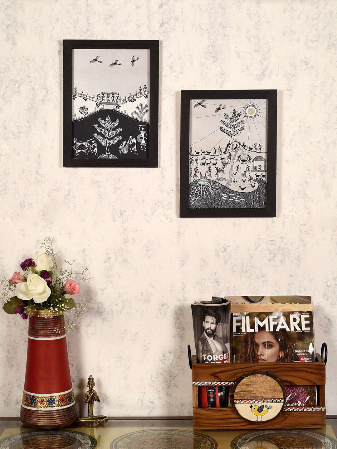 AAKRITI ART CREATIONS Rhythms Warli Wood 2 Piece Rectangle Paintings Wall Art -12 x 9In