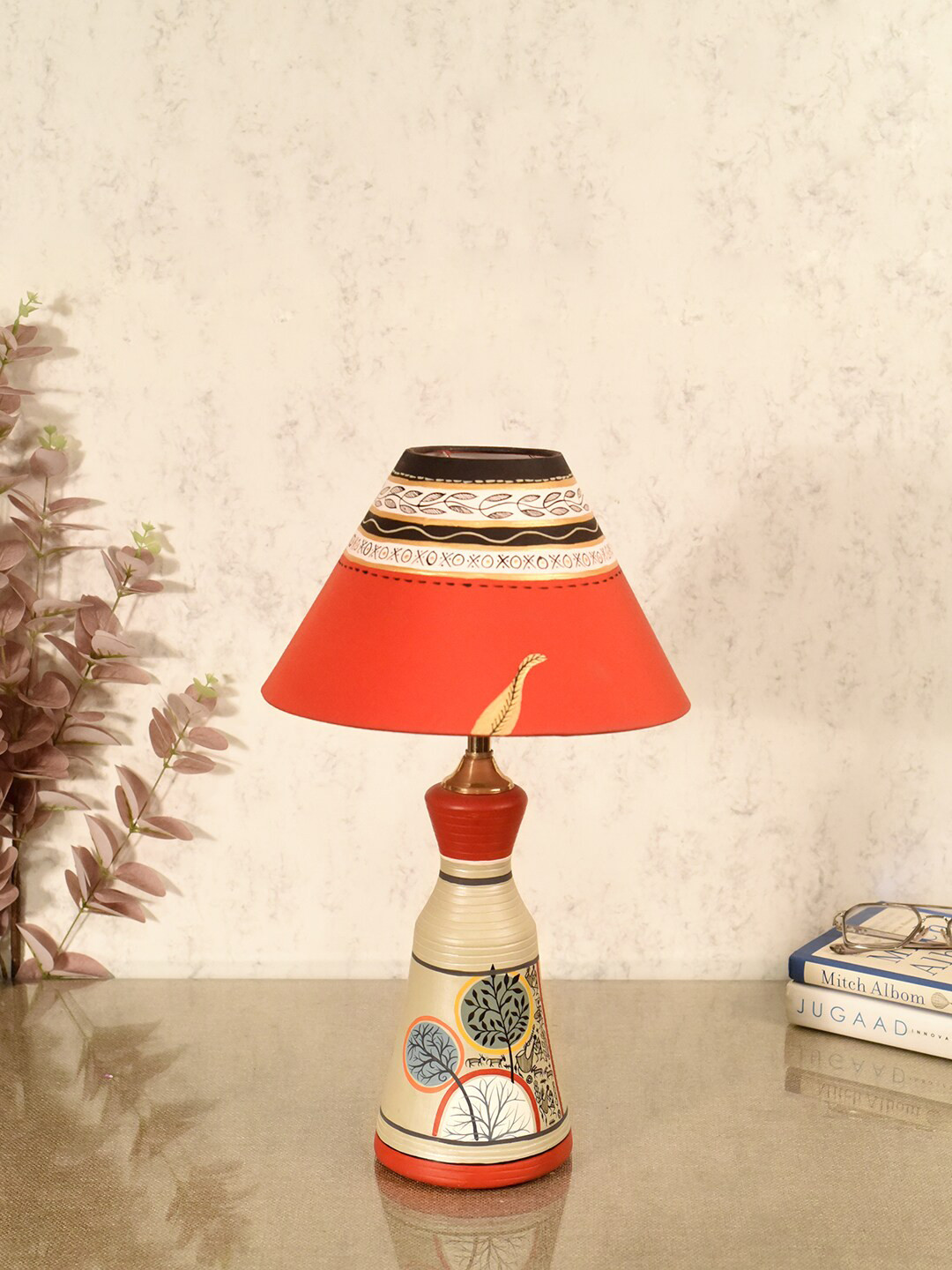 AAKRITI ART CREATIONS Grey & Orange Floral Enchantments Grey Printed Table Lamps