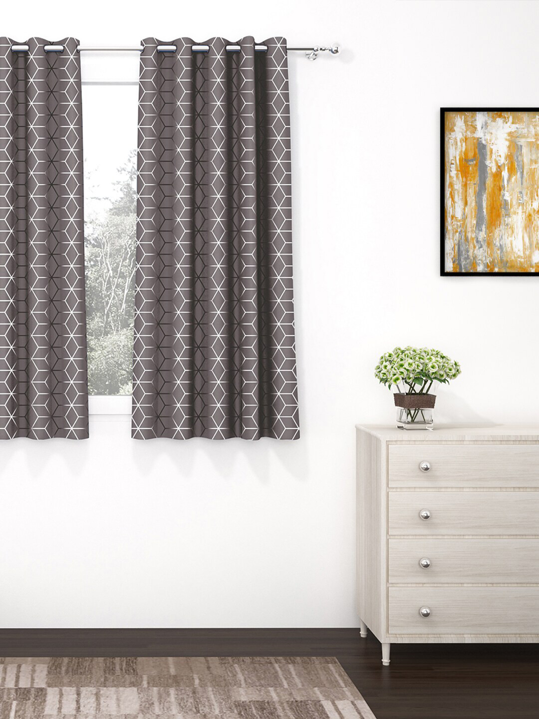 Story@home Grey & White Geometric Black Out Window Curtain