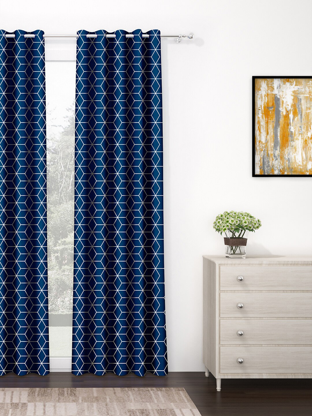 Story@home Blue & White Geometric Black Out Door Curtain