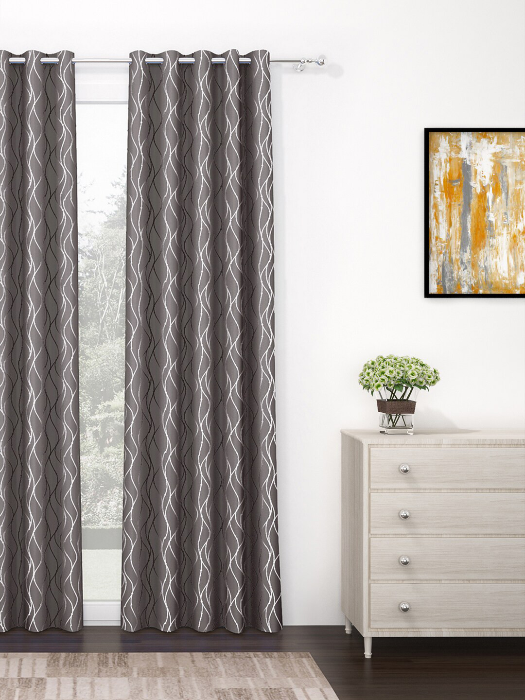 Story@home Grey & White Abstract Black Out Long Door Curtain