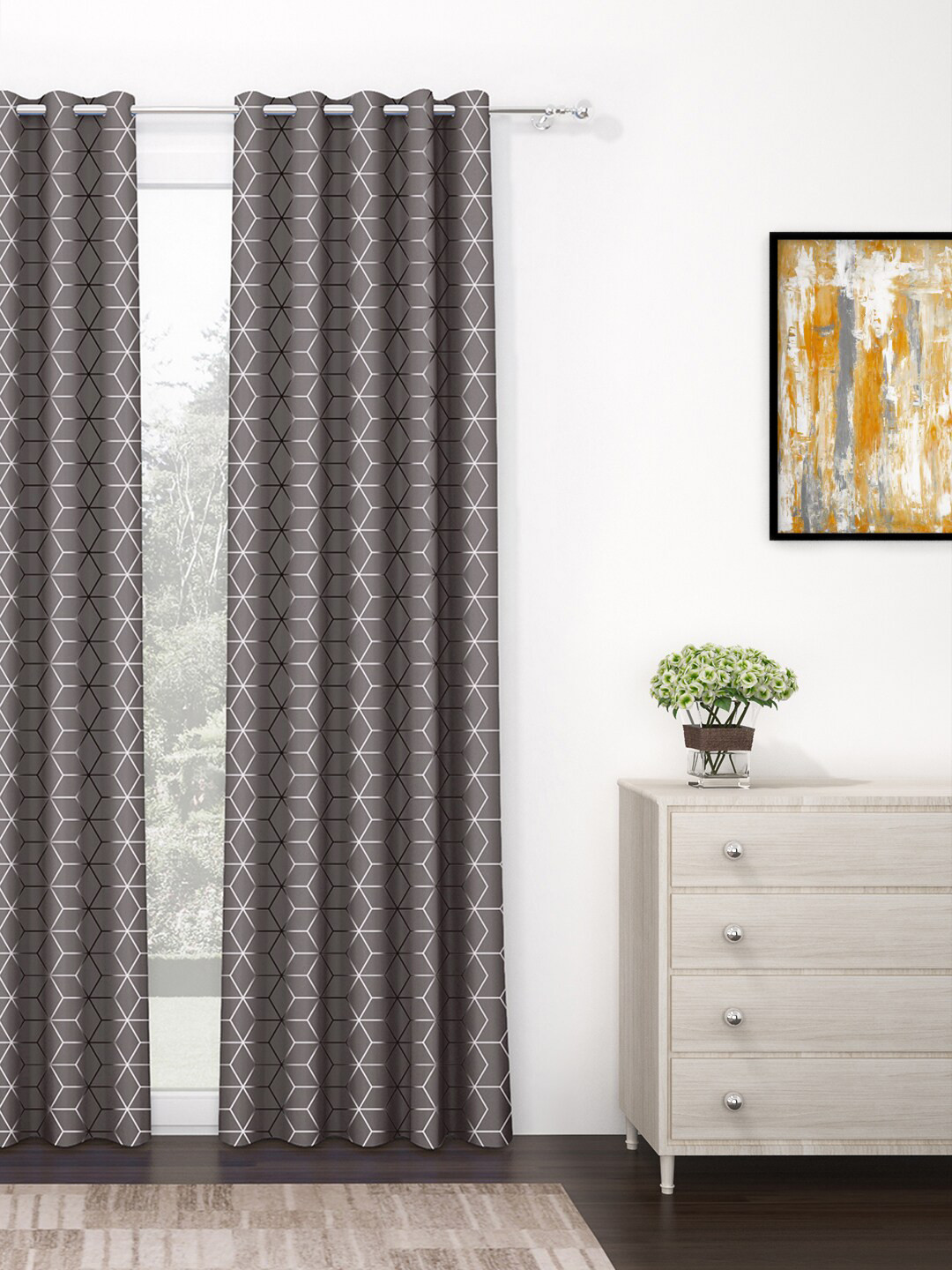 Story@home Grey & White Geometric Black Out Door Curtain