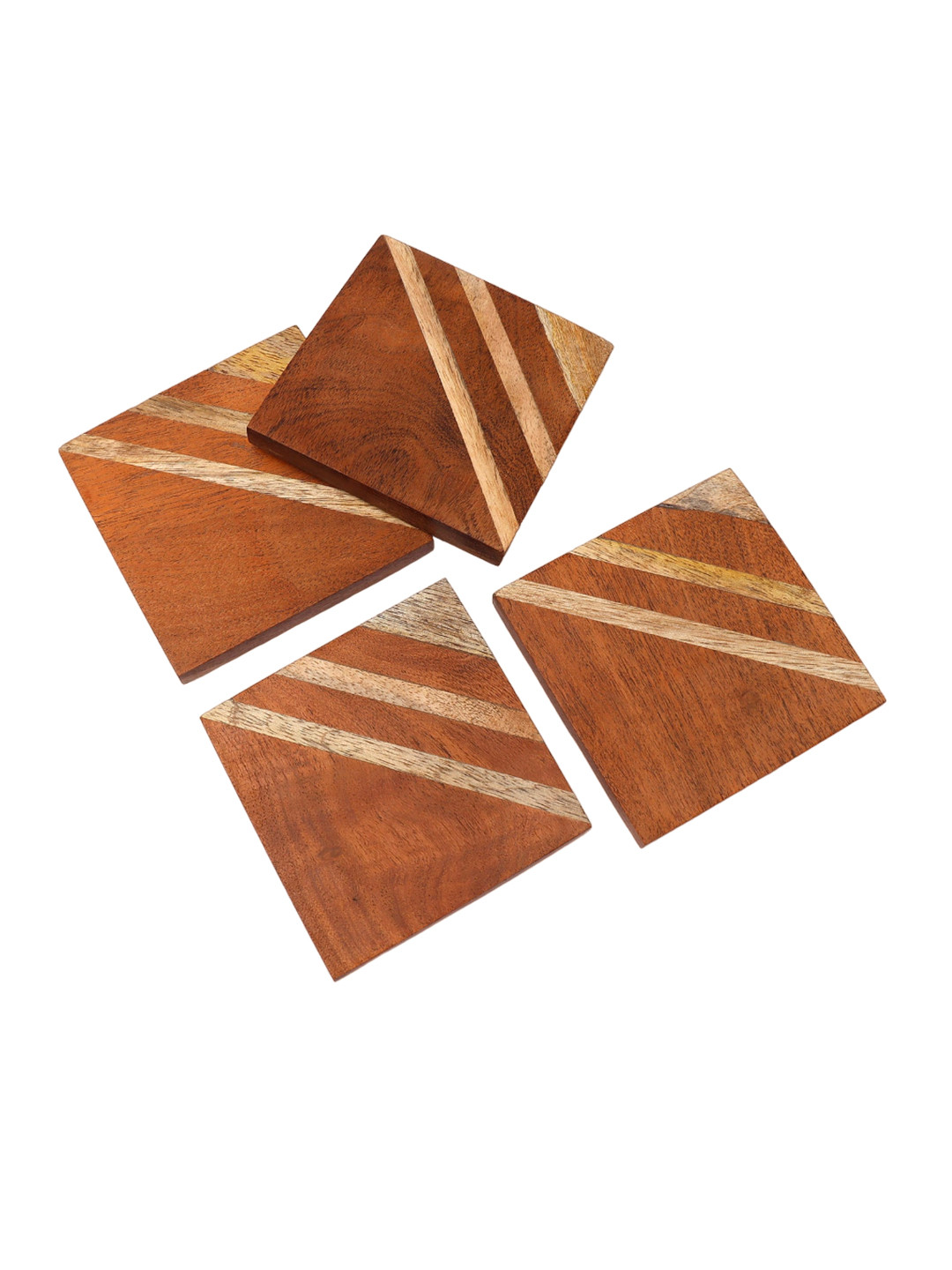 CASA DECOR Entertain By Casa Brown & Beige 4 Pieces Striped Square Wooden Coasters