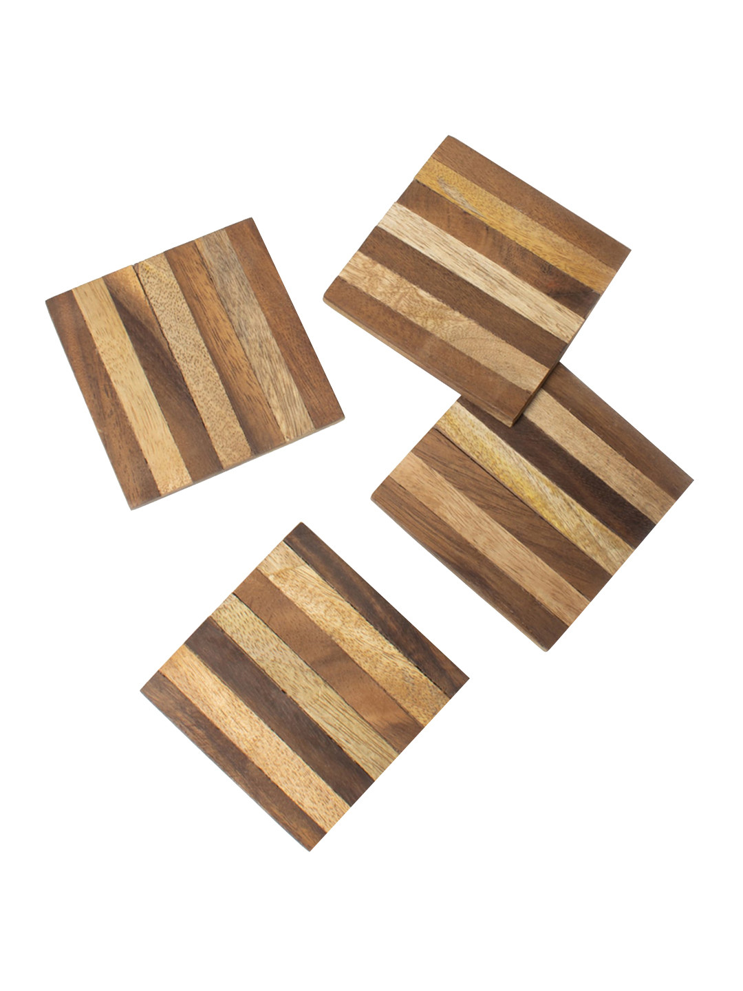 CASA DECOR Rustic Country Brown 4-Pieces Striped Wooden Coasters