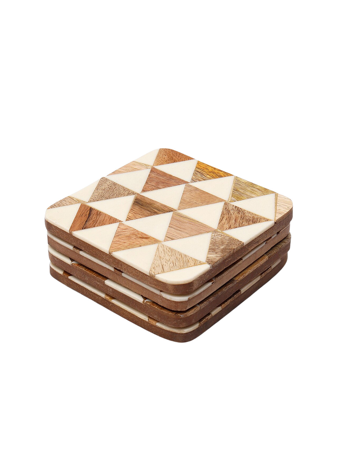 CASA DECOR Geometrix Brown & White 4 Pieces Pyramid Square Wooden Coasters