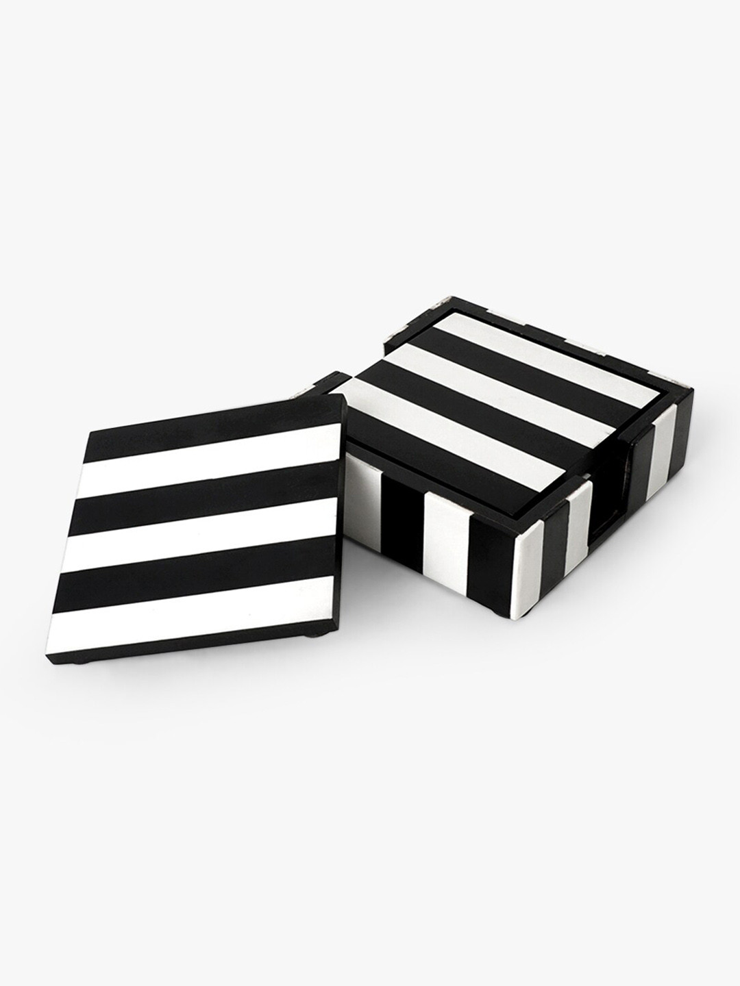 CASA DECOR Geometrix Black & Black 4-Pieces Striped Wooden Coasters with Holder