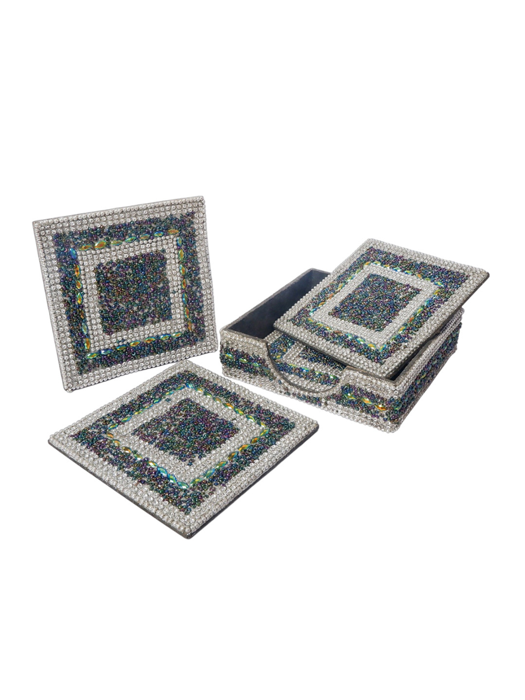 CASA DECOR Bedazzled Grey 4 Pieces Stone-Studded Square Wooden Coasters