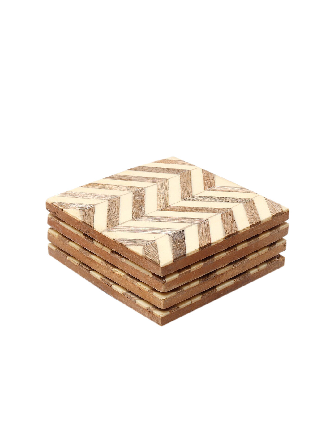 CASA DECOR Geometrix 4-Pcs Brown & Beige Chevron String Square Wooden Coasters