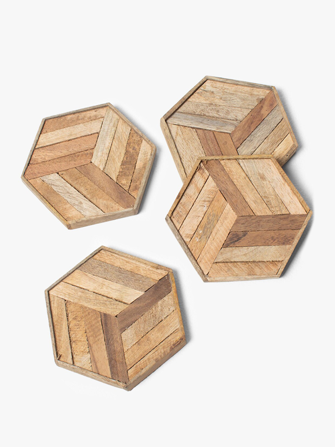 CASA DECOR Rustic Country Brown 4 Pieces Hexagon Wooden Coasters