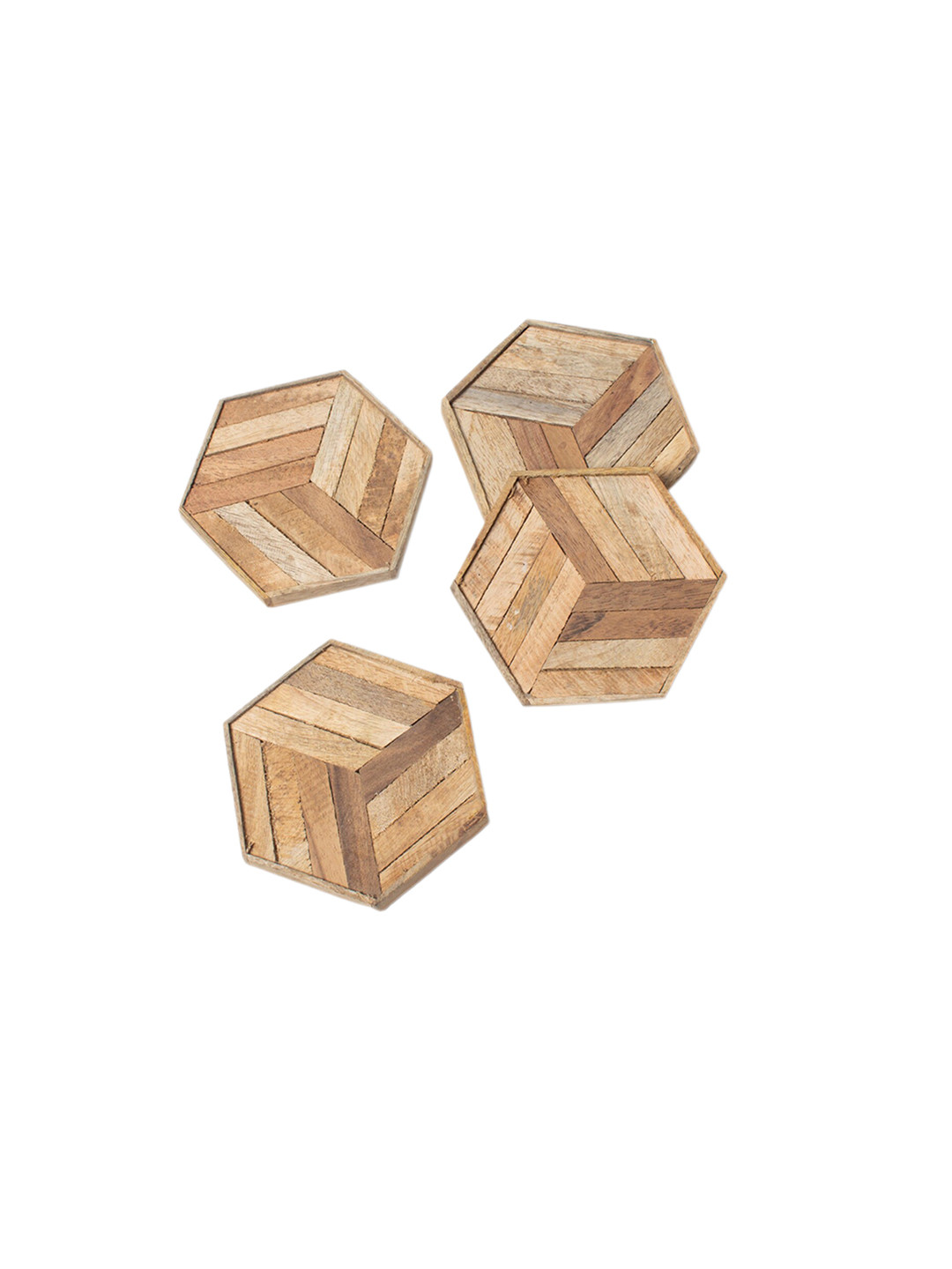 CASA DECOR Rustic Country Brown 4 Pieces Hexagon Wooden Coasters