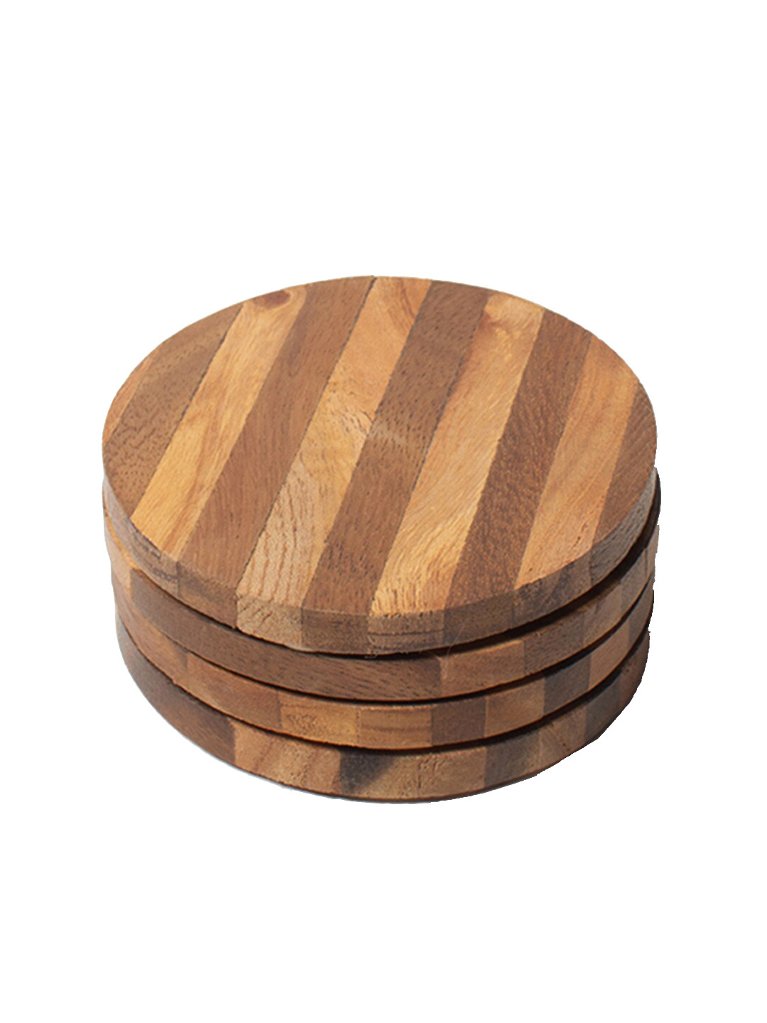 CASA DECOR Geometrix Brown 4 Pieces Striped Wooden Coasters