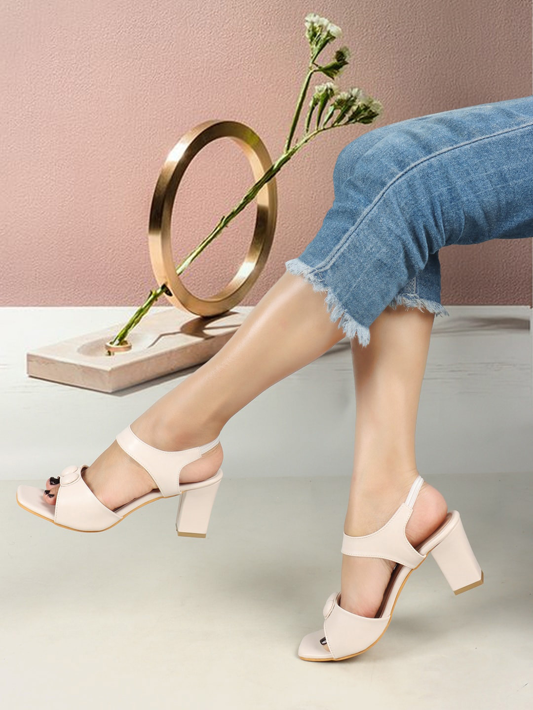 ICONICS Cream Studded Open Toe Block Party Heels
