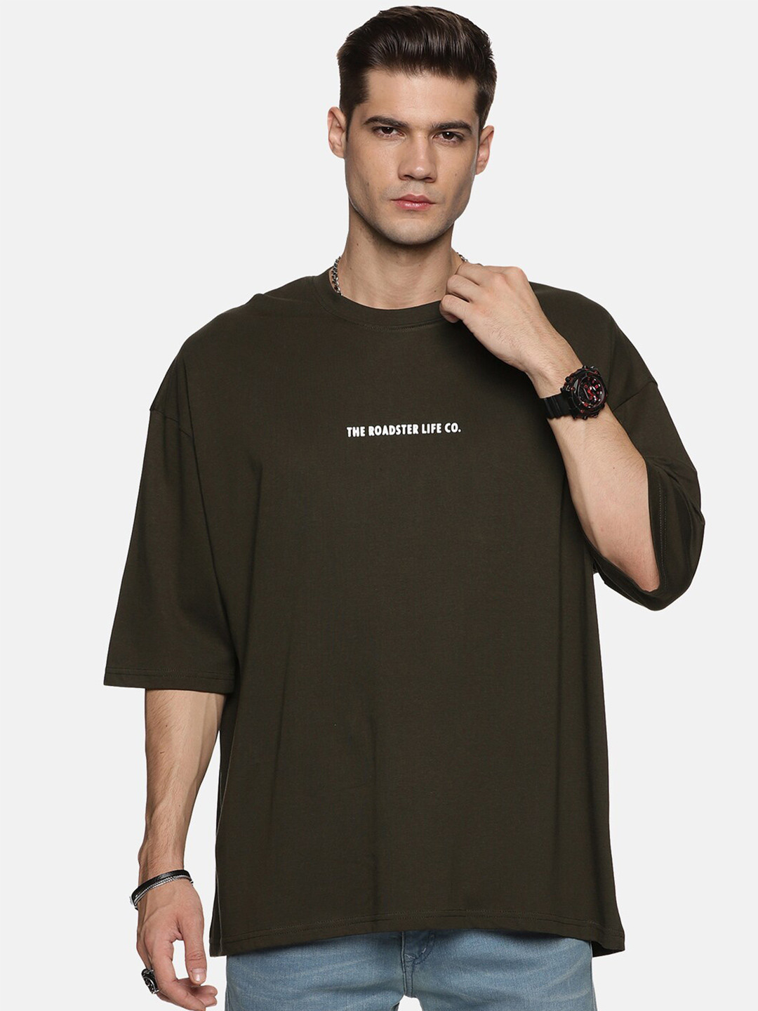 Roadster Olive Oversized Round Neck Pure Cotton T-shirt