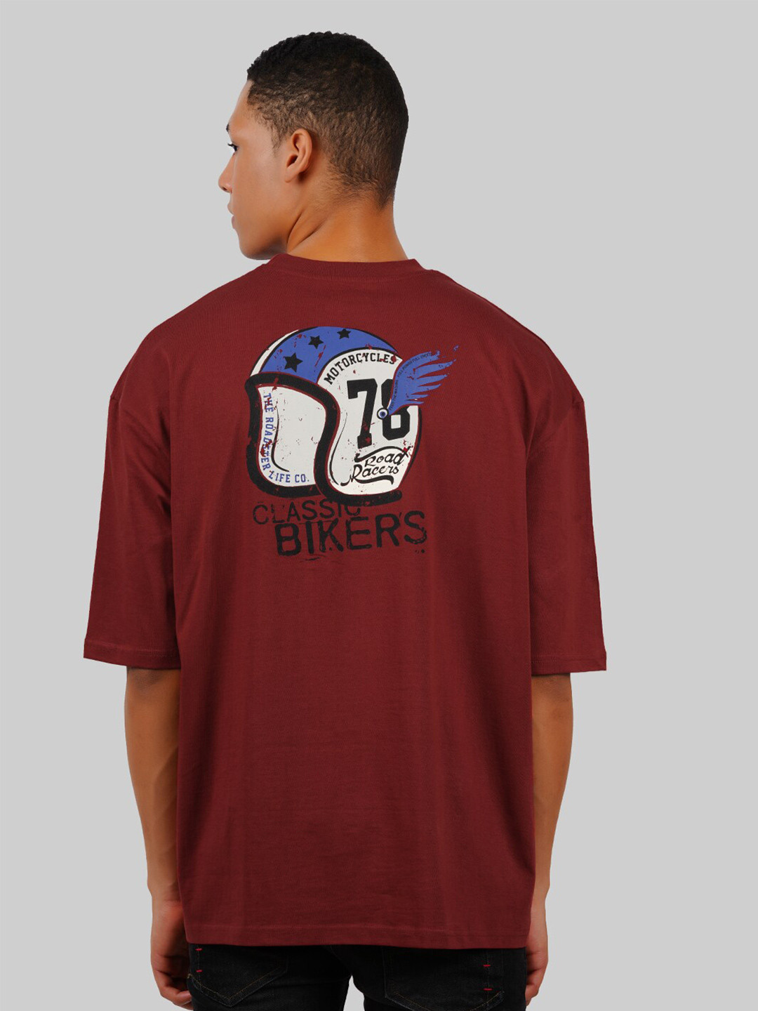 Roadster Maroon Oversized Printed Round Neck Pure Cotton T-shirt