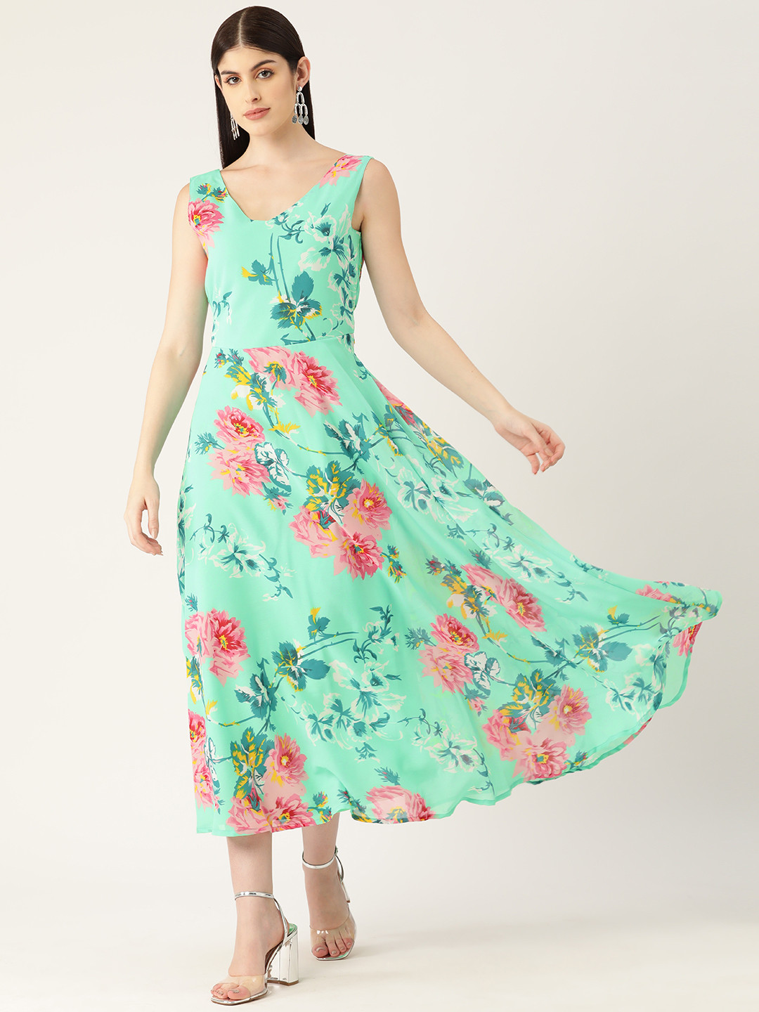 Deewa V-Neck Floral Printed Fit & Flare Maxi Dress
