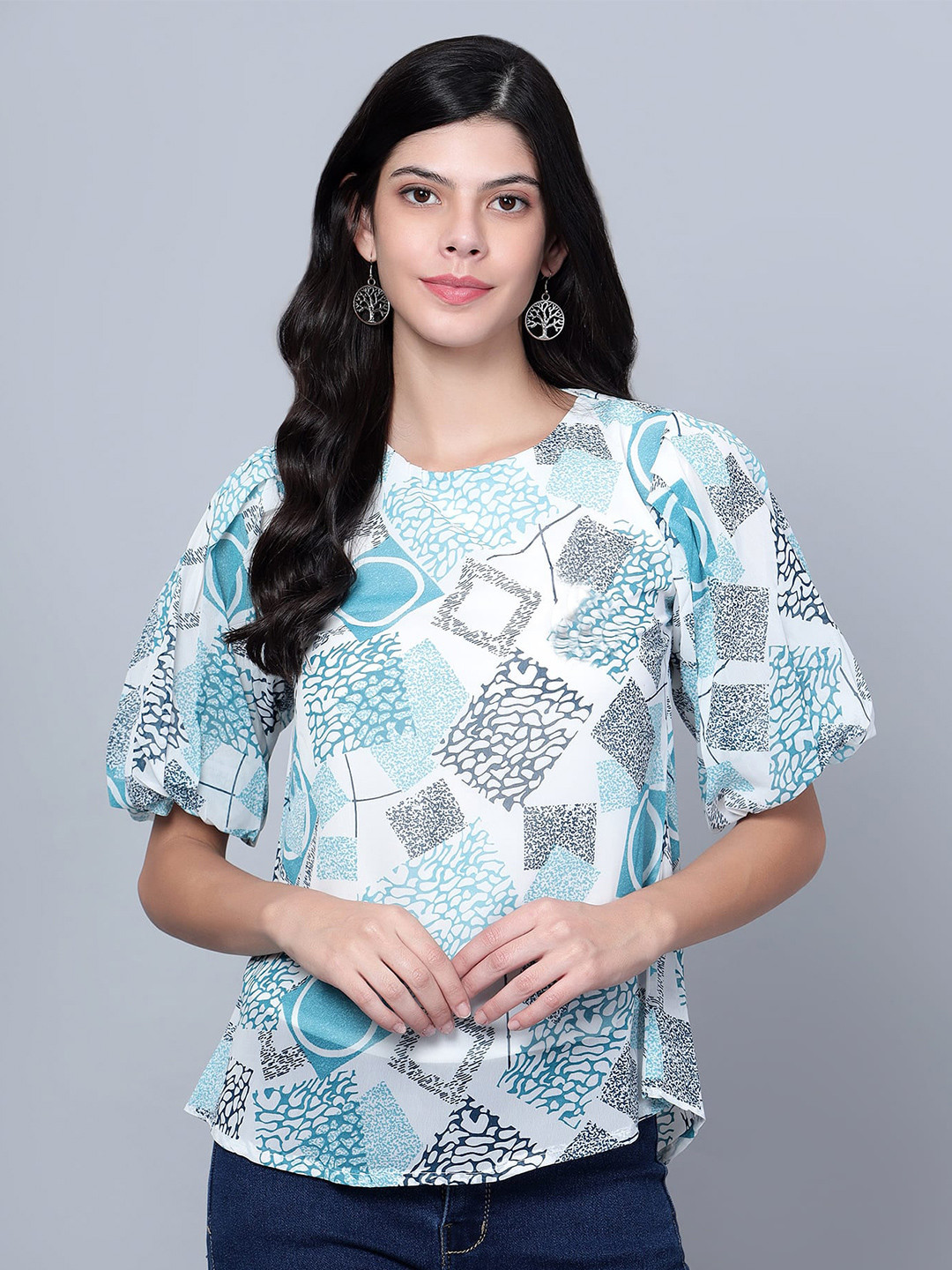 SKY HEIGHTS Abstract Printed Puff Sleeves Georgette Top