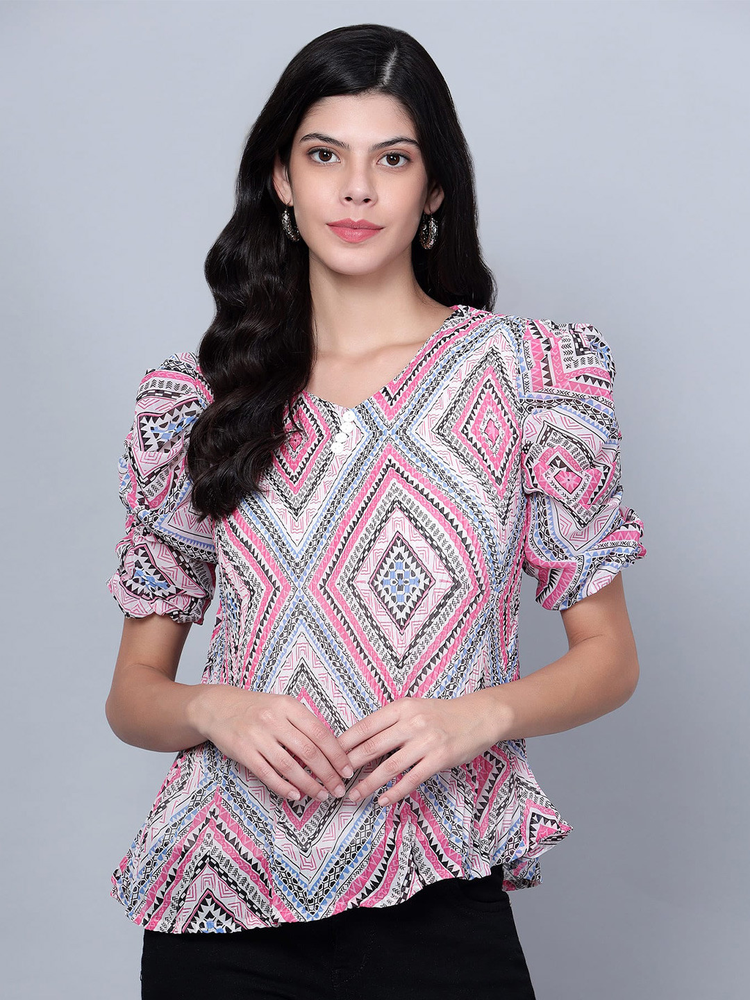 SKY HEIGHTS Geometric Printed Puff Sleeve Georgette Top