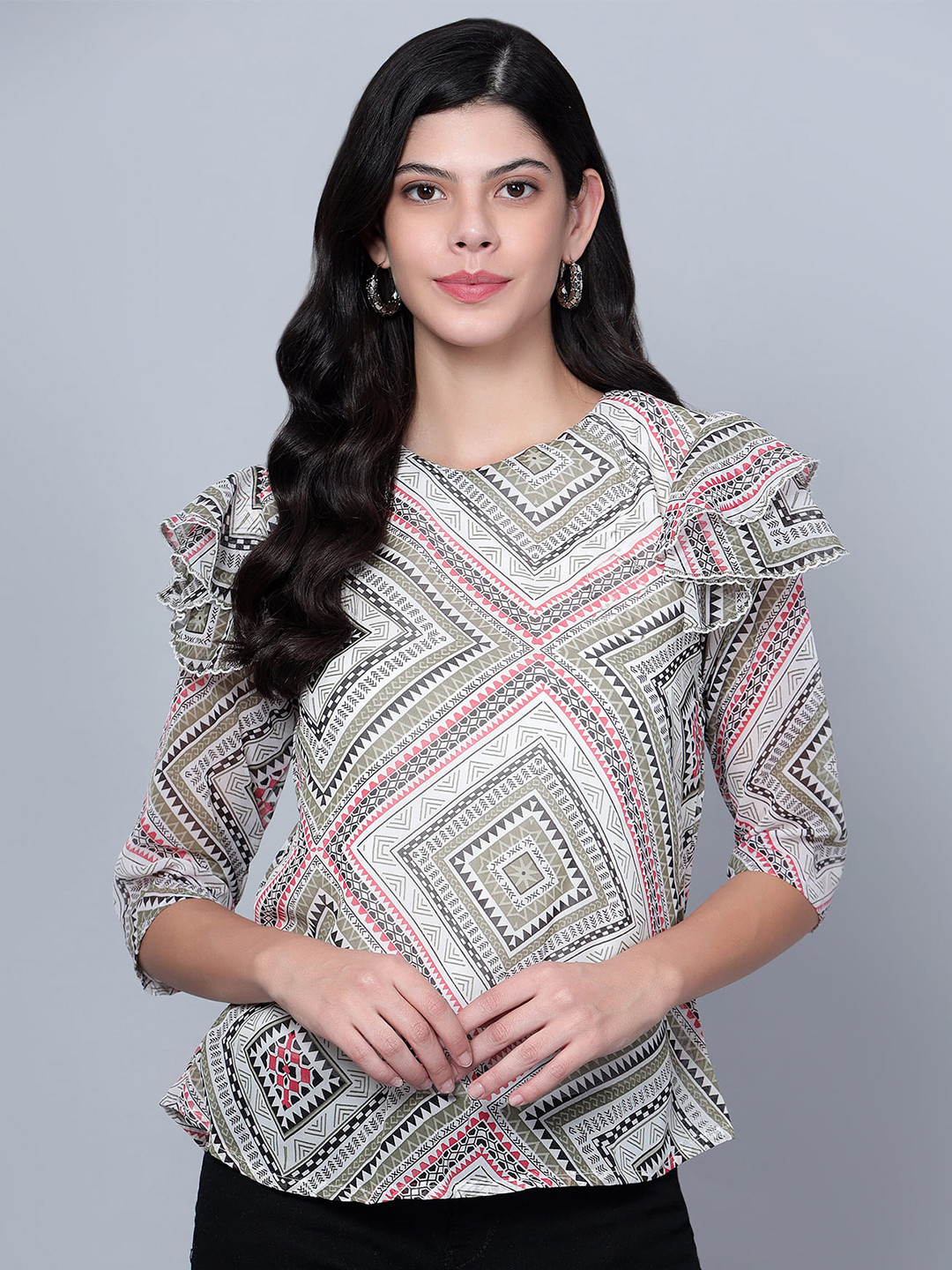 SKY HEIGHTS Geometric Printed Ruffled Georgette Top