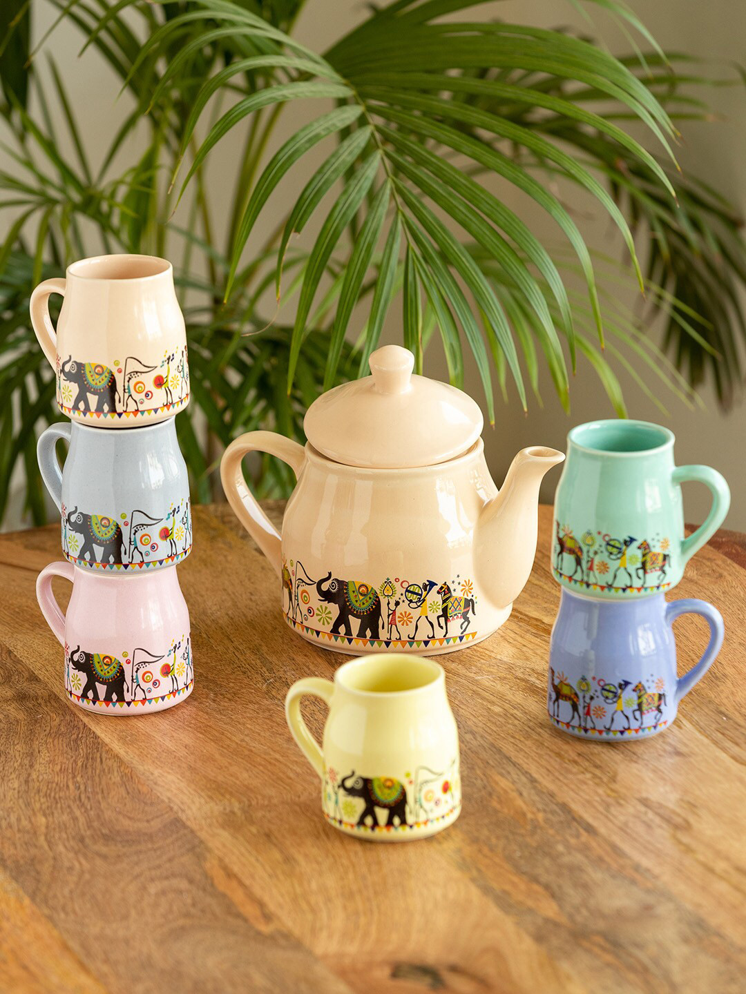 ExclusiveLane 7 Pcs Beige & Blue Elephant Handcrafted Ceramic Matte Kettle Set