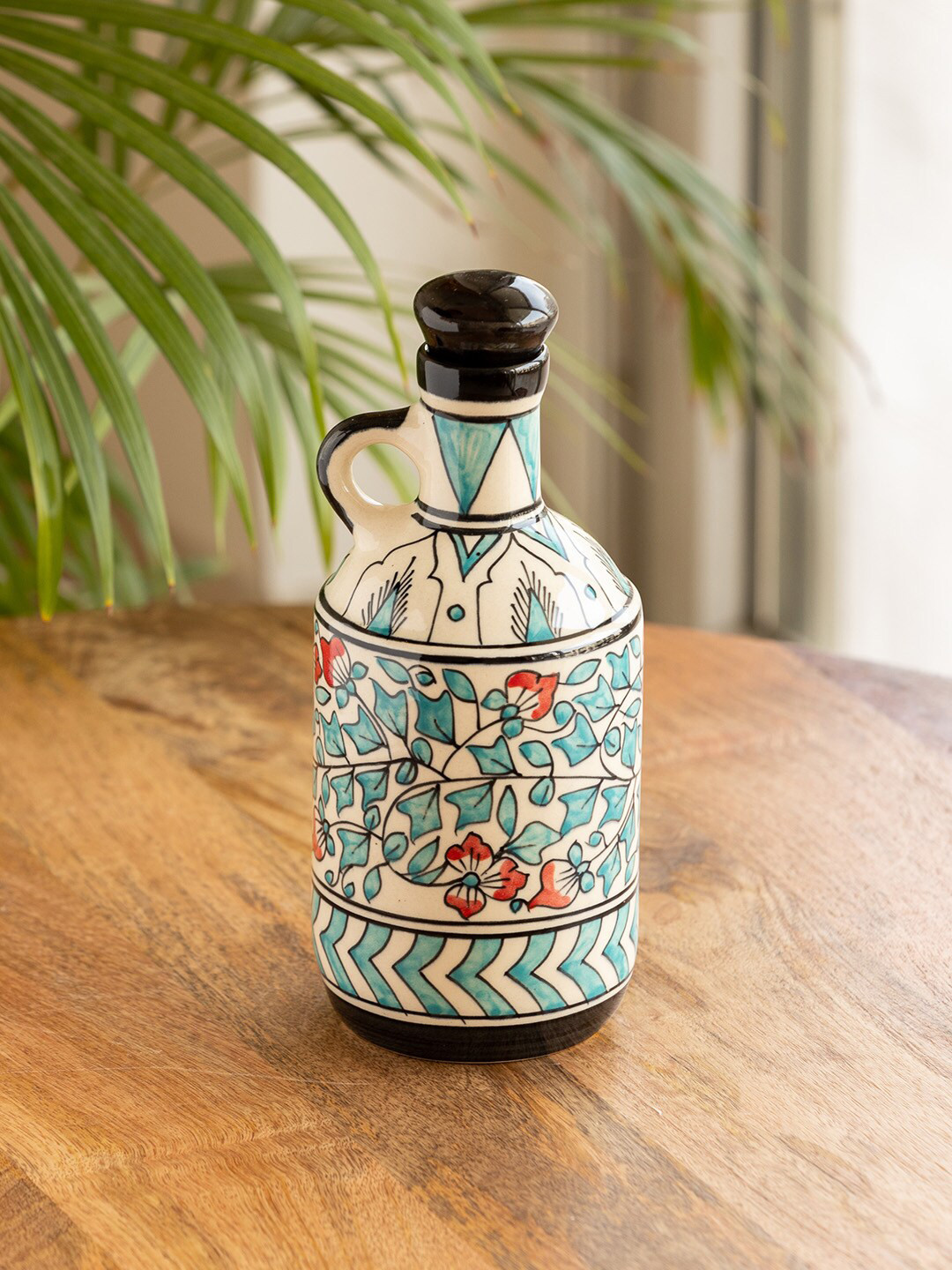 ExclusiveLane Mughal Gardens White & Blue Printed Ceramic Oil Dispenser 900 ml