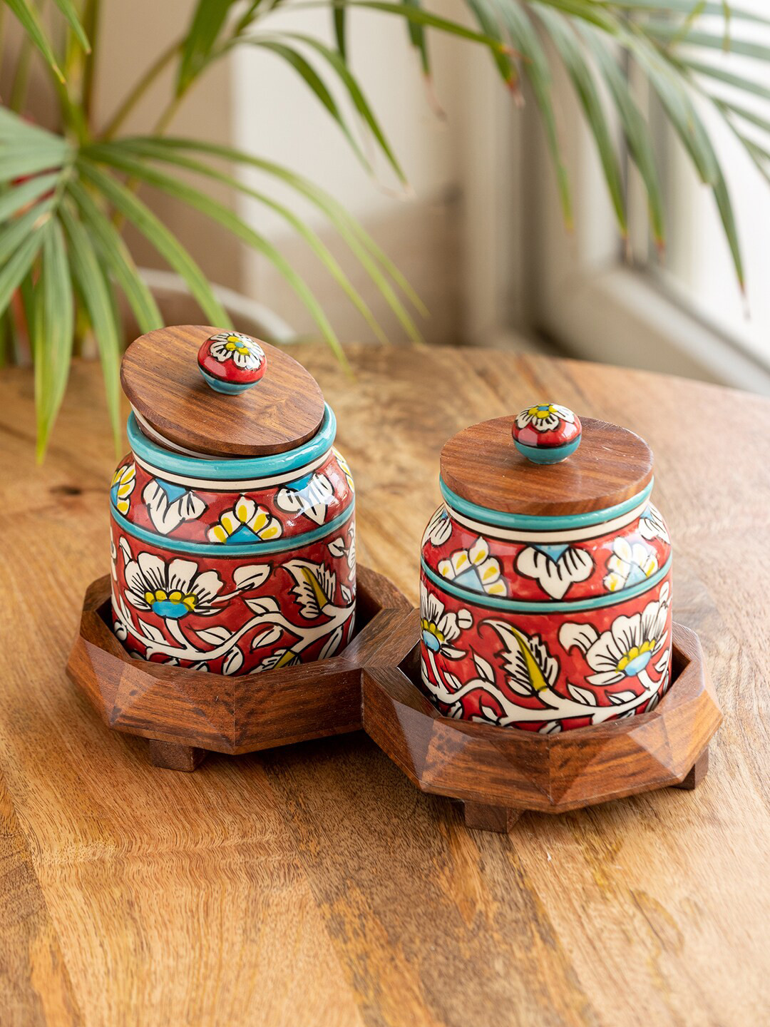 ExclusiveLane 2 Pcs Red & Blue Hand Painted Ceramic Kitchen Storage Jars with Tray