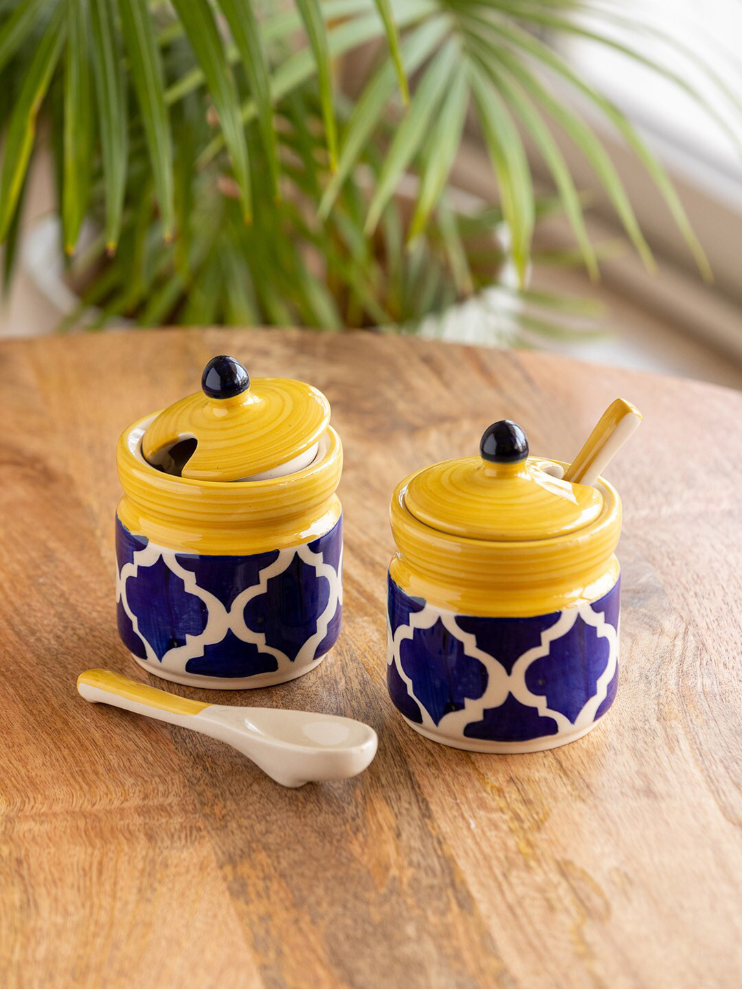 ExclusiveLane Moroccan 2-Pcs Blue & Yellow Hand Painted Ceramic Pickle Jars With Spoons
