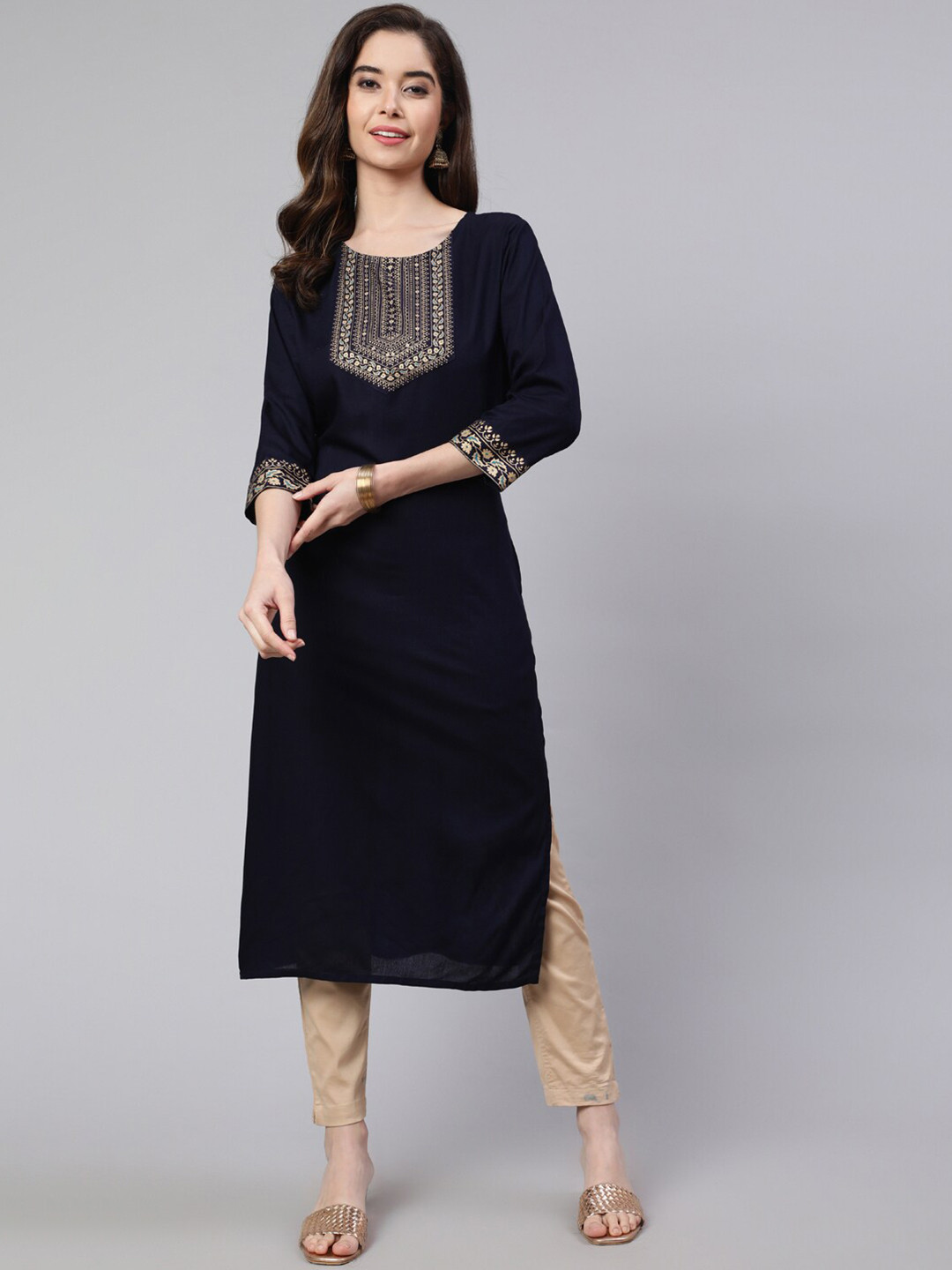 SAK JAIPUR Women Blue Yoke Design Kurta