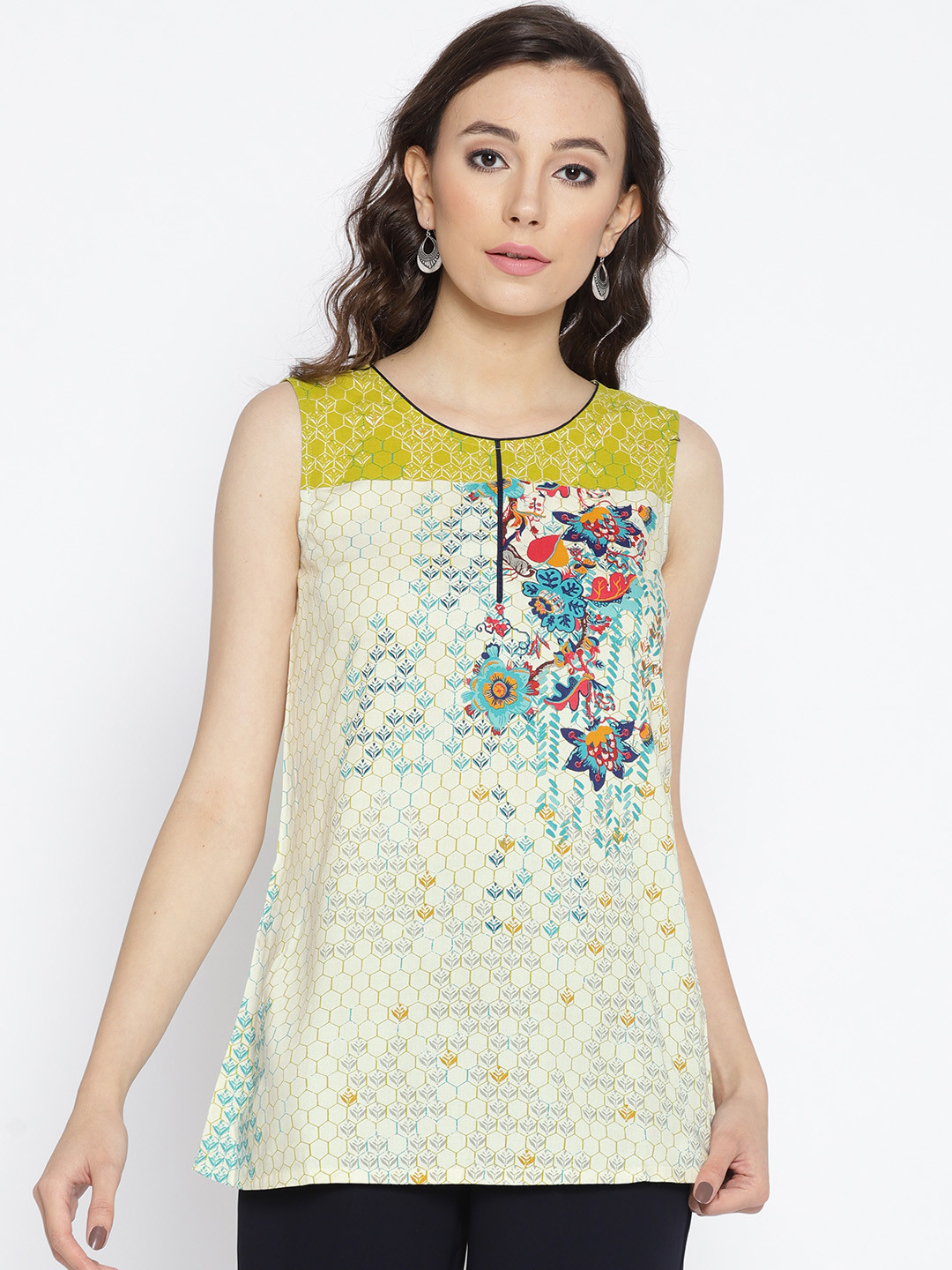 AURELIA Cream-Coloured & Green Printed Kurti