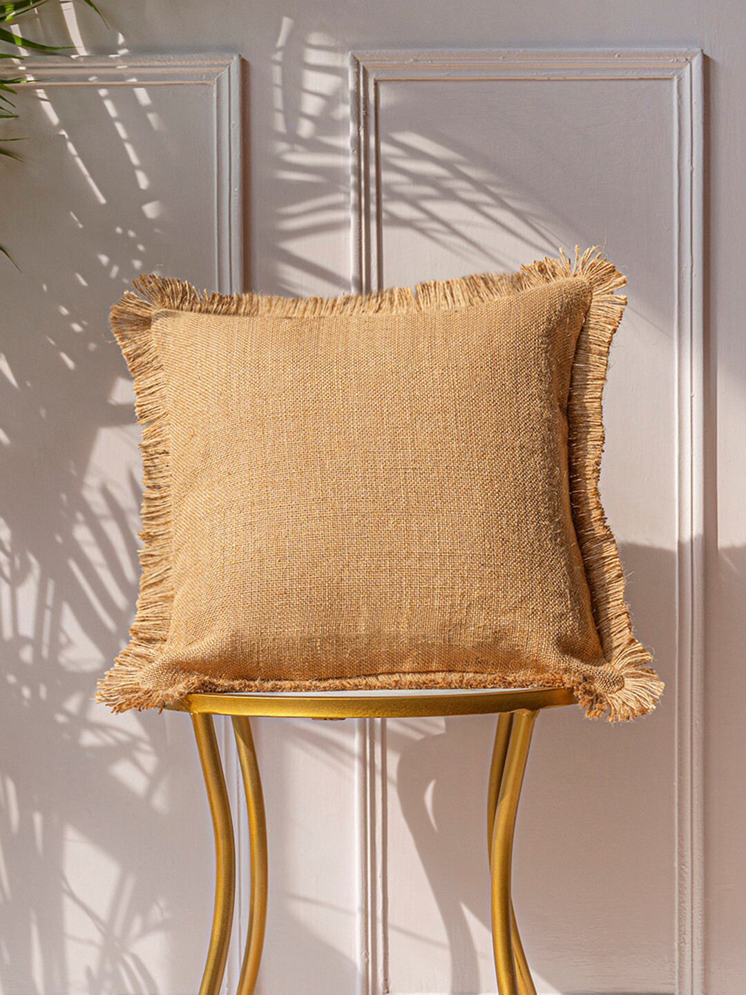 ANWYN Brown Lace Detailed Jute Square Cushion Cover