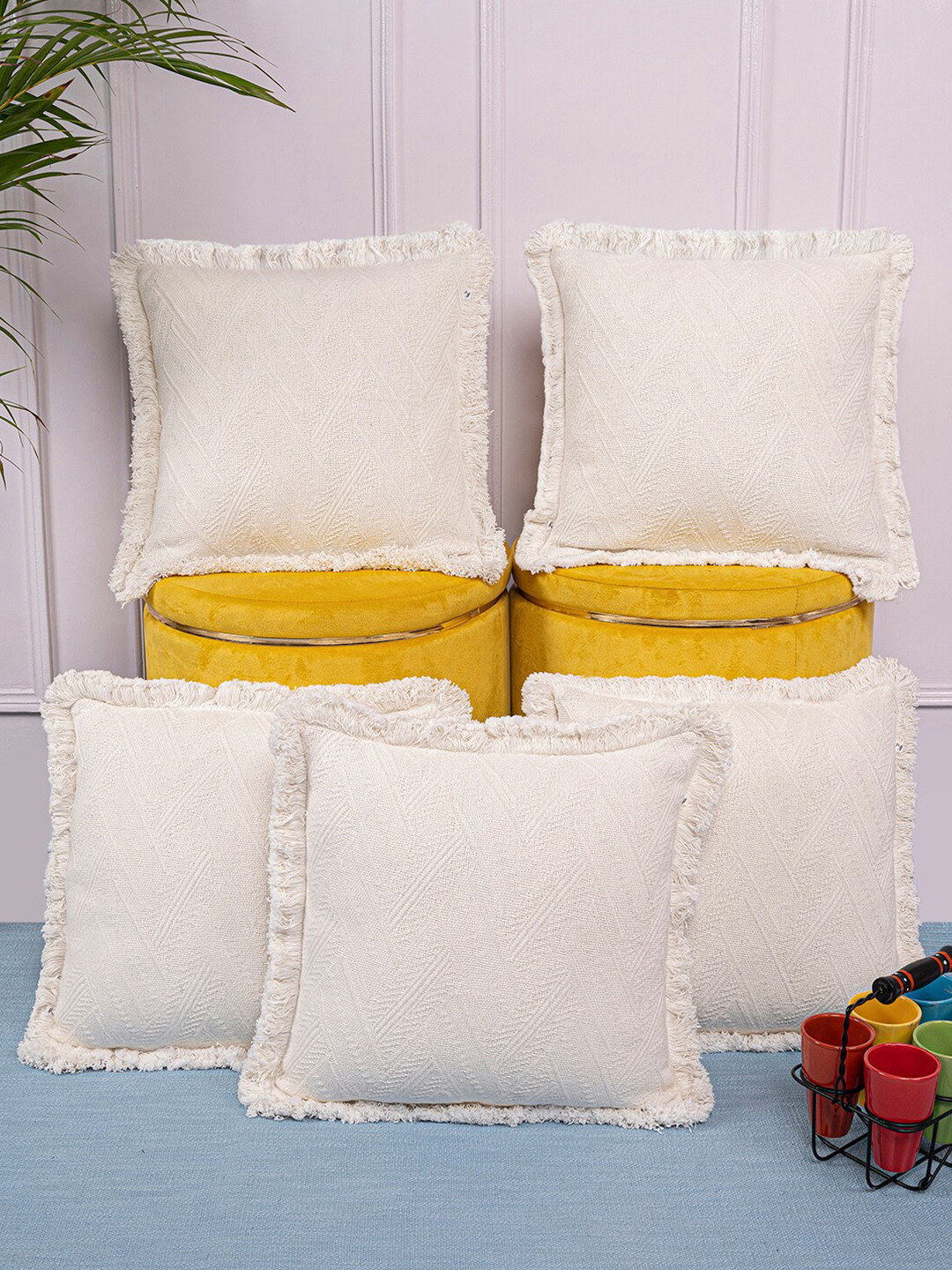 ANWYN Off White 5-Pieces Pure Cotton Square Cushion Covers