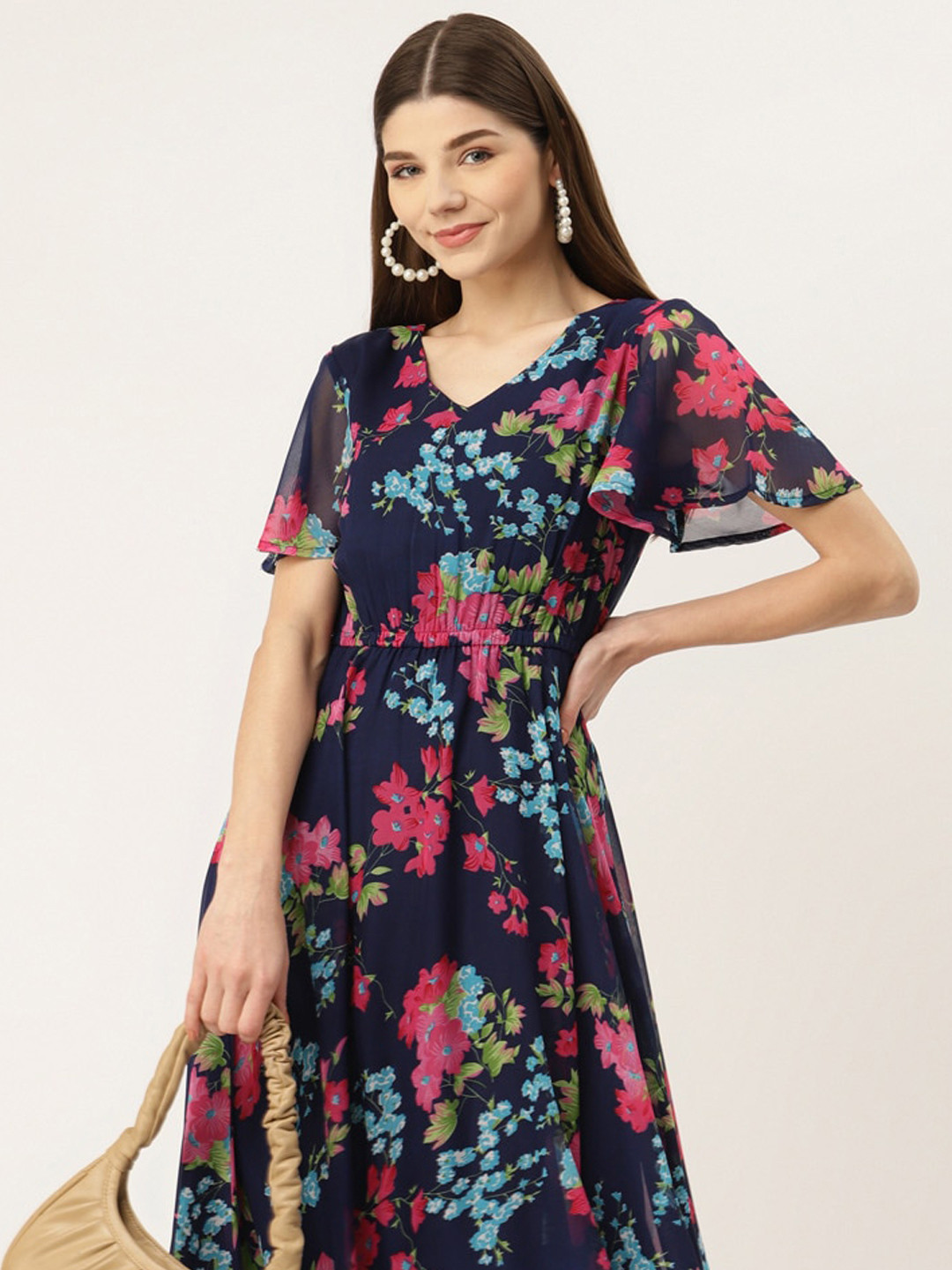 DressBerry Navy Blue Floral Printed Flared Sleeves Maxi Dress